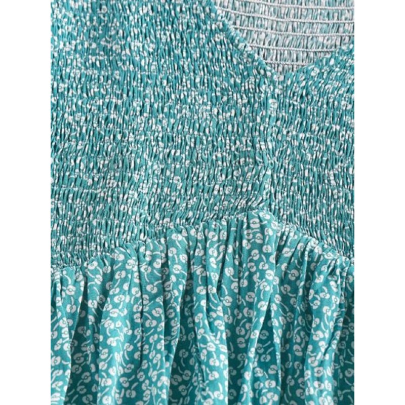 Ditsy Print Smocked Puff Sleeve Peplum Blouse XW4836