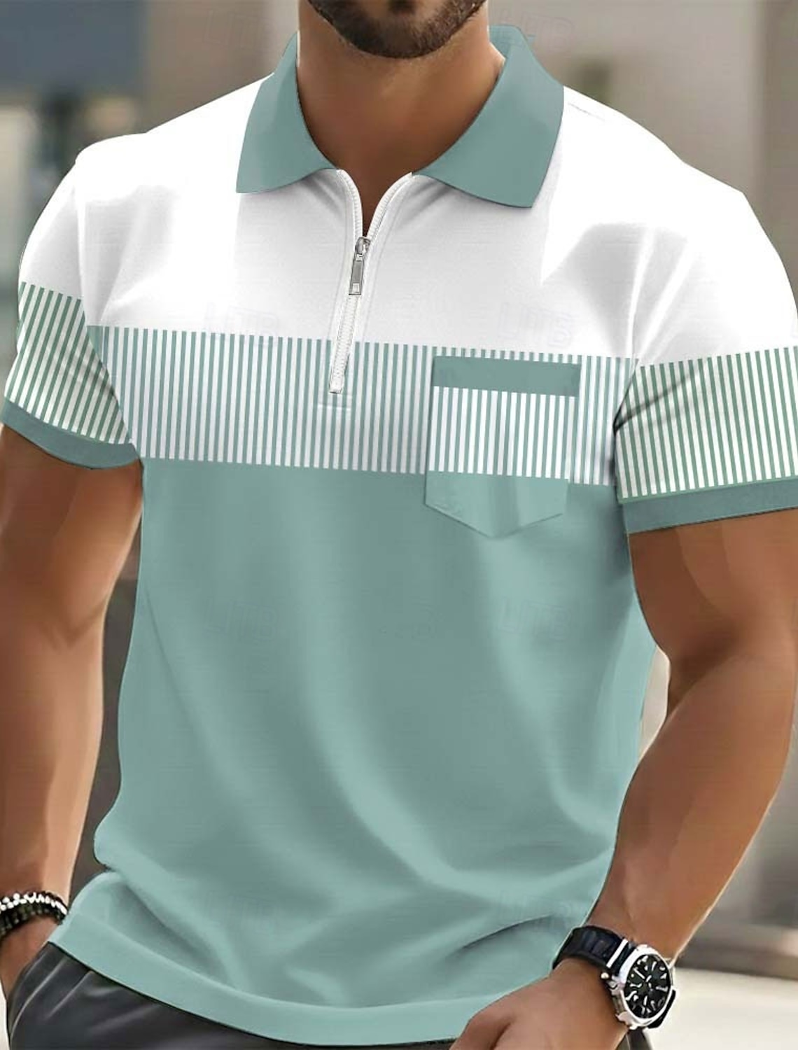 Men's Striped Polo Shirts Short Sleeve Polo Shirts Lapel Casual Outdoor Holiday Daily Wear Pocket 3D Print Summer Blue Purple Green