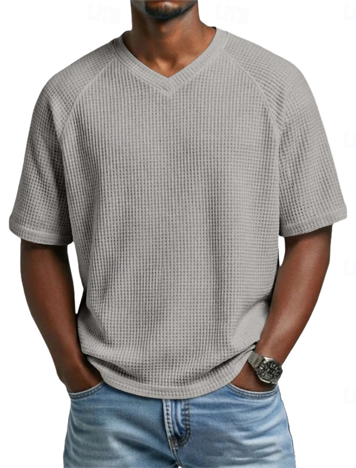 Men's Waffle T-shirt T Shirt Short Sleeve Tee Top V Neck Summer Spring