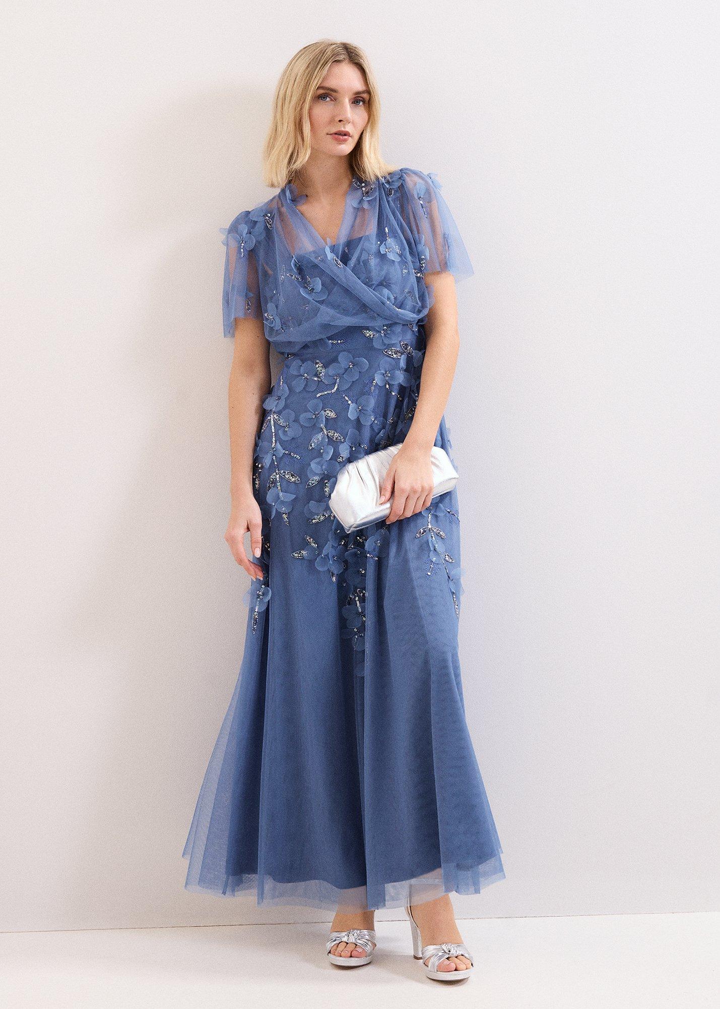 Petite Azera Blue Beaded Midi Dress