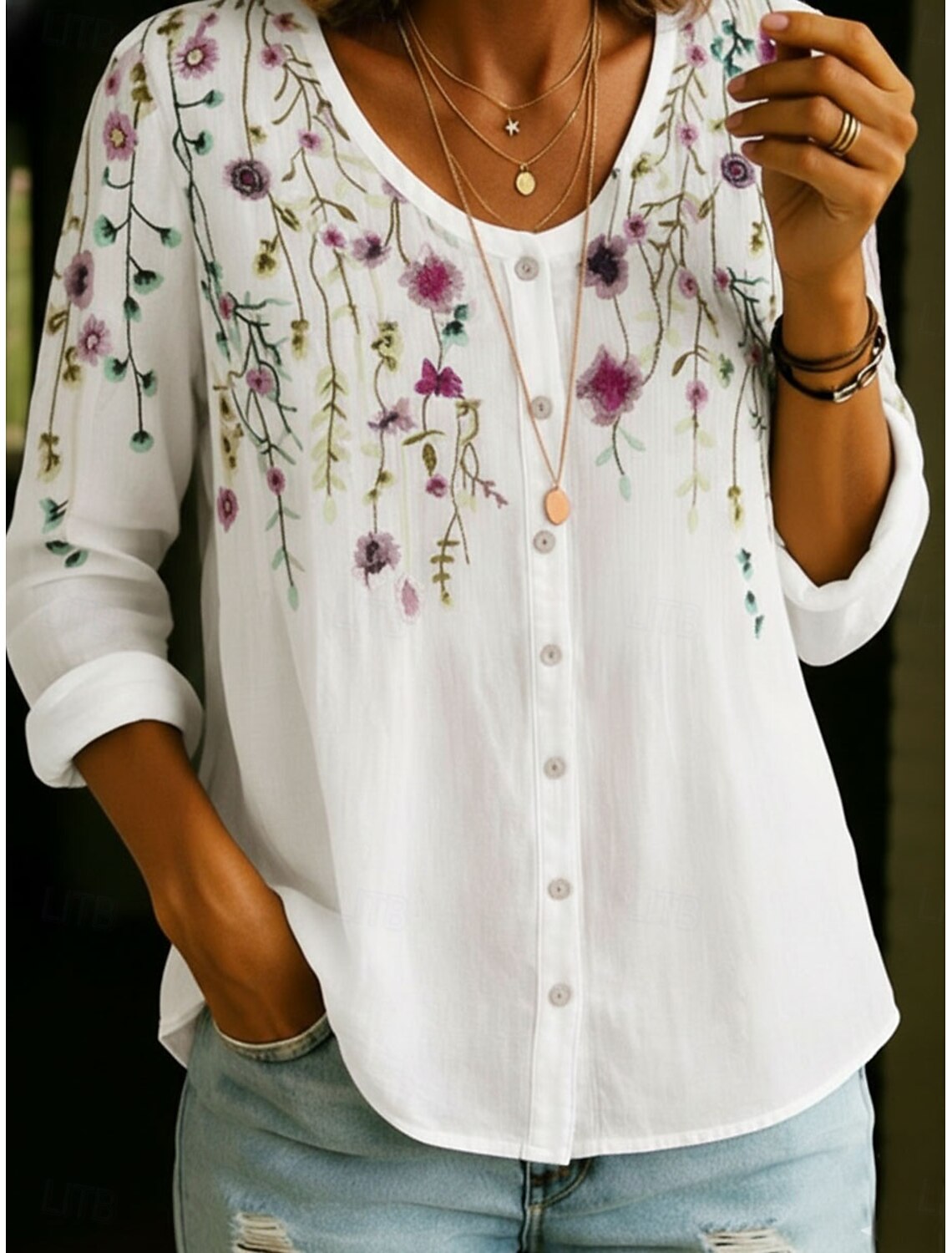 Women's Shirt Buttons Print Floral Graphic Vintage Daily Stylish Long Sleeve V Neck Regular Tops Casual Daily Blue Black White Yellow Pink Summer Spring