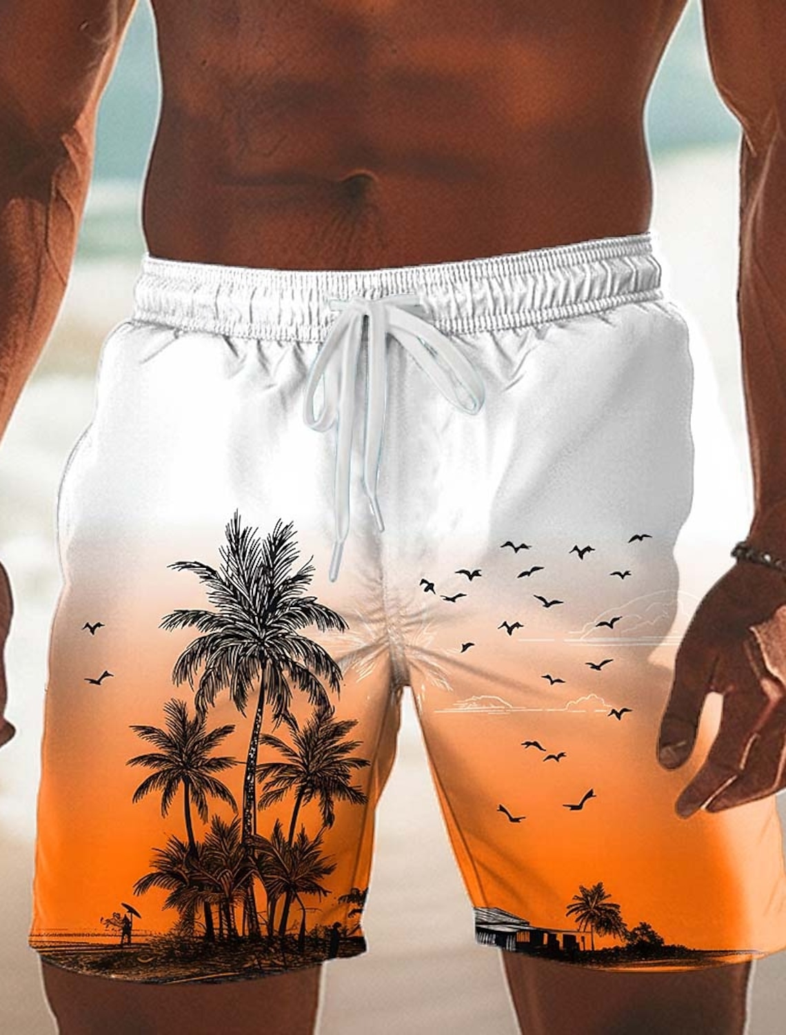 Men's Coconut Tree Gradient Color Tropical Plants Swim Trunks Swim Shorts Board Shorts Mid Waist Hawaiian Beach Vacation Wear Side Pockets Mesh Lining Elastic Drawstring Waist Designer Clothing