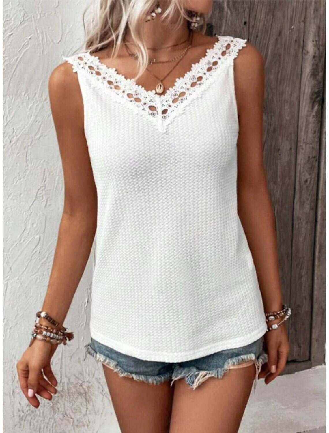Women's Shirt Dressy Tops Stylish Lace Eyelet Sleeveless Sleeveless V Neck Daily Summer