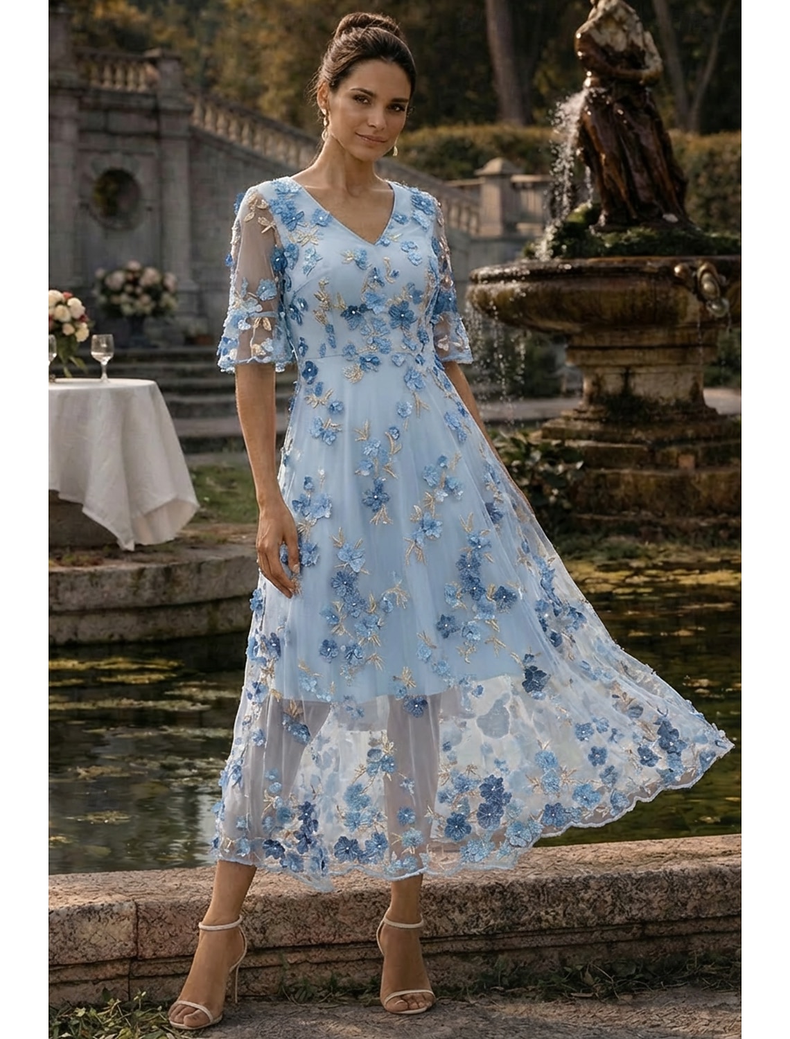 A-Line Dress Ankle Length Tea Length Maxi Dress Party Dress Cocktail Dress Mother of the Bride Dress Short Sleeve V Neck Elegant Vintage Luxurious Formal Wedding Guest Kentucky Derby Chiffon Tulle