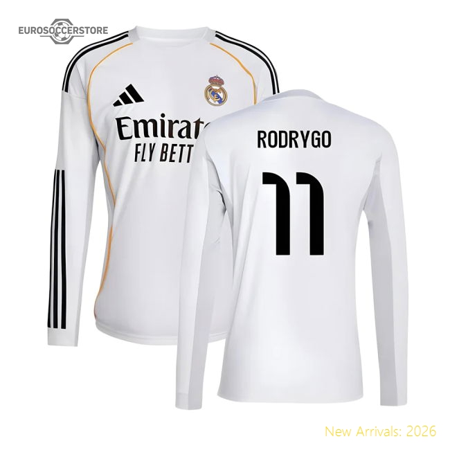 2025-2026 Real Madrid Long Sleeve Home Kit (rodrygo 11) - Great Value