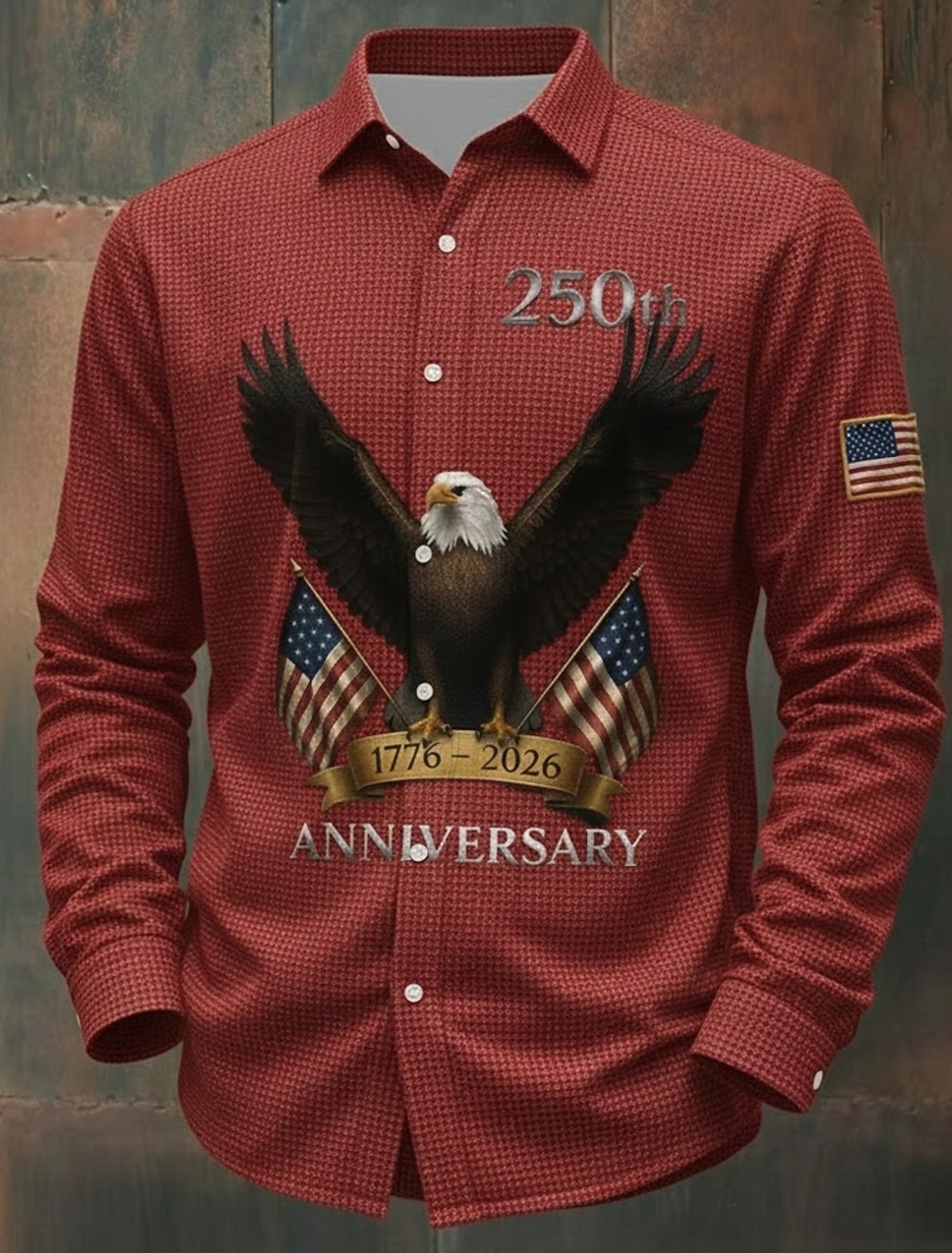 Men's 4th of July U.S. 250th Anniversary Eagle US Flag Shirt Waffle Shirt Casual Shirt Long Sleeve Vintage Retro Dailywear Holiday Summer Spring Turndown 3D Print Textured Button Up Shirts Black Red
