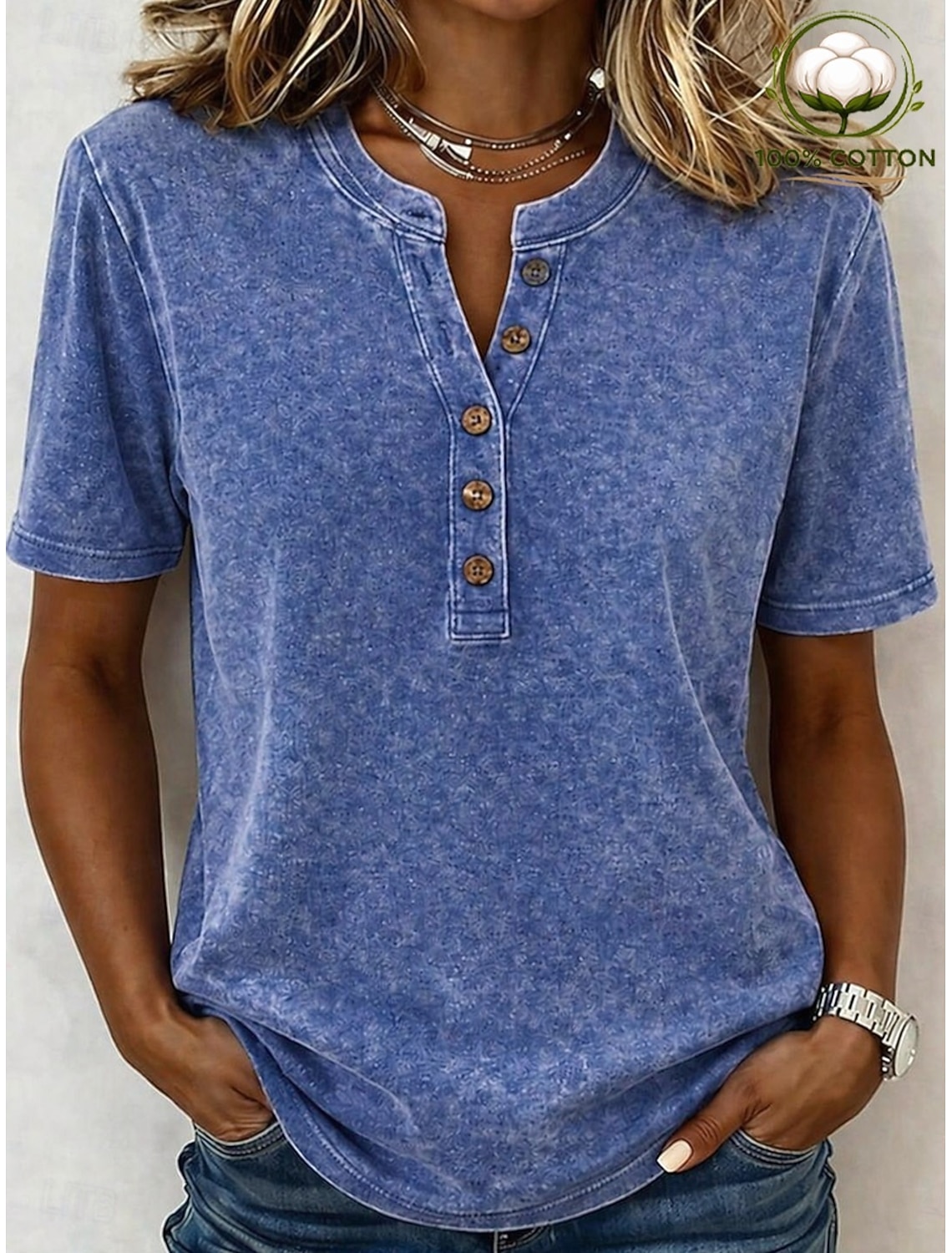 Women's Vintage 100% Cotton Henley Shirt - Soft Washed Short Sleeve Basic Tops