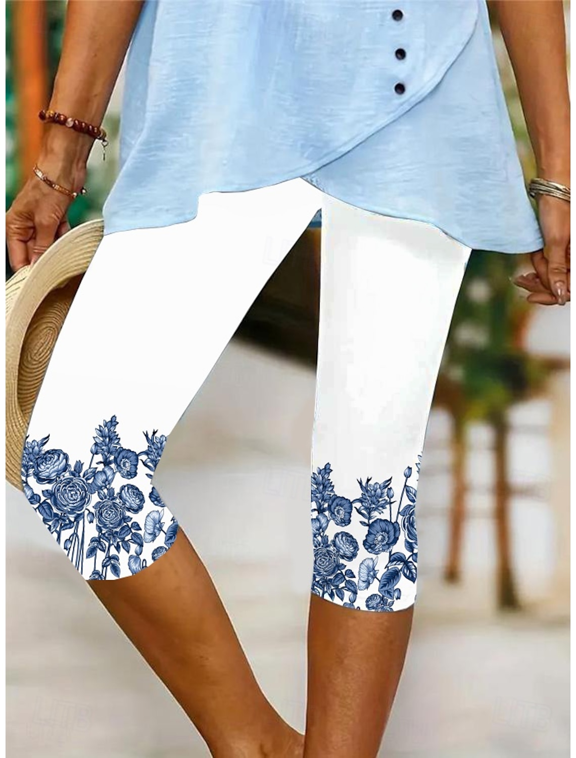 Women's Leggings Capri Pants High Elasticity Vacation Fashion Hawaiian Calf-Length Mid Waist Floral Graphic Printing Breathable Soft Vacation Casual Daily Light Blue Summer Spring Regular Fit