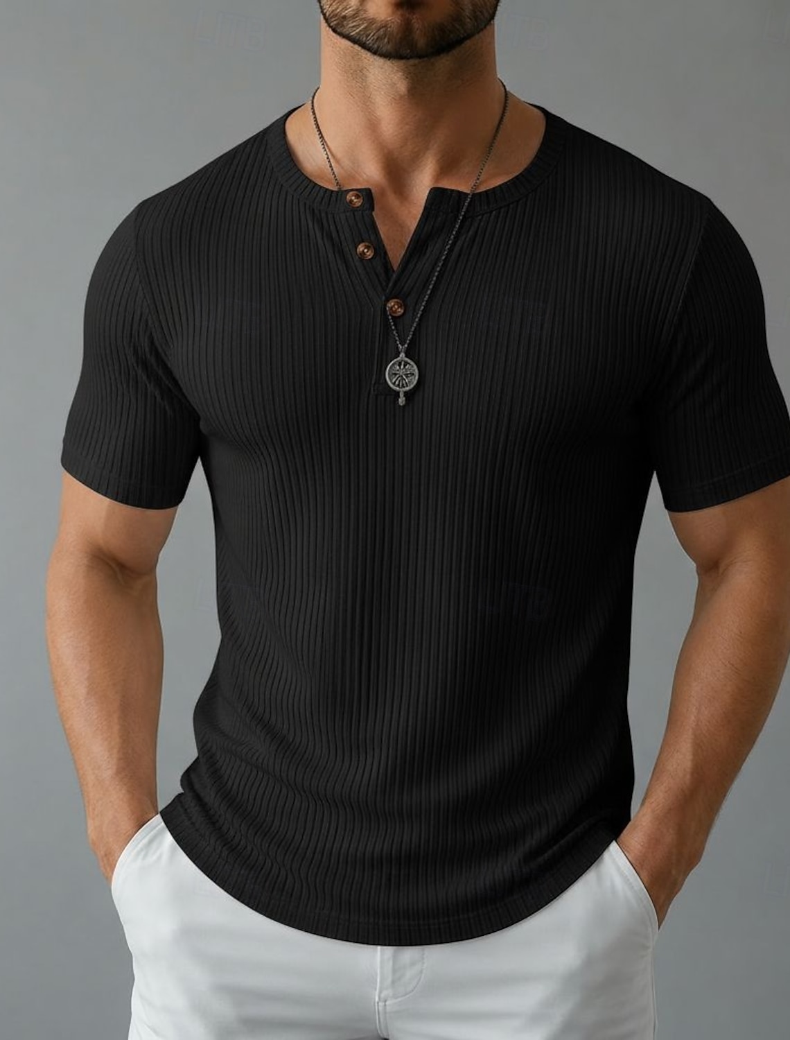 Men's Henley Top Short Sleeve Plain Knitwear Elegant Vacation Ribbed Button-Down Henley Casual Vacation All Seasons Navy Black Pink Henley T-Shirt