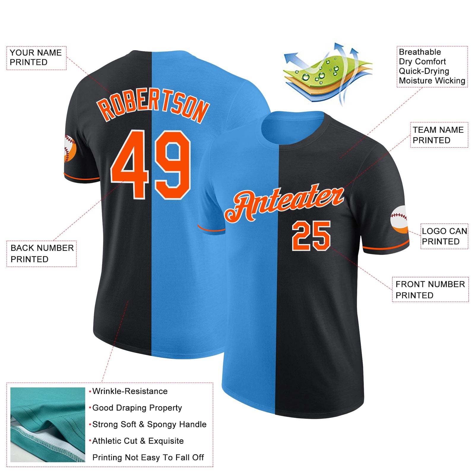 Custom Black Orange-Powder Blue Split Fashion Performance T-Shirt
