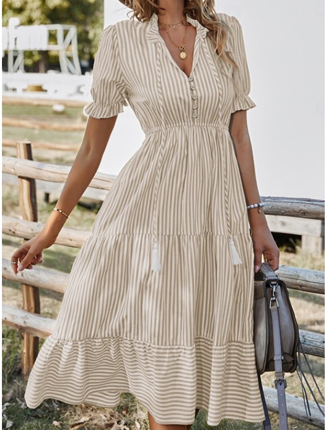 Women's Midi Dress Casual Dress Swing Dress Elegant Fashion Modern Outdoor Vacation Going out Regular Fit Striped Short Sleeve V Neck Blue Yellow Pink Green Summer Spring