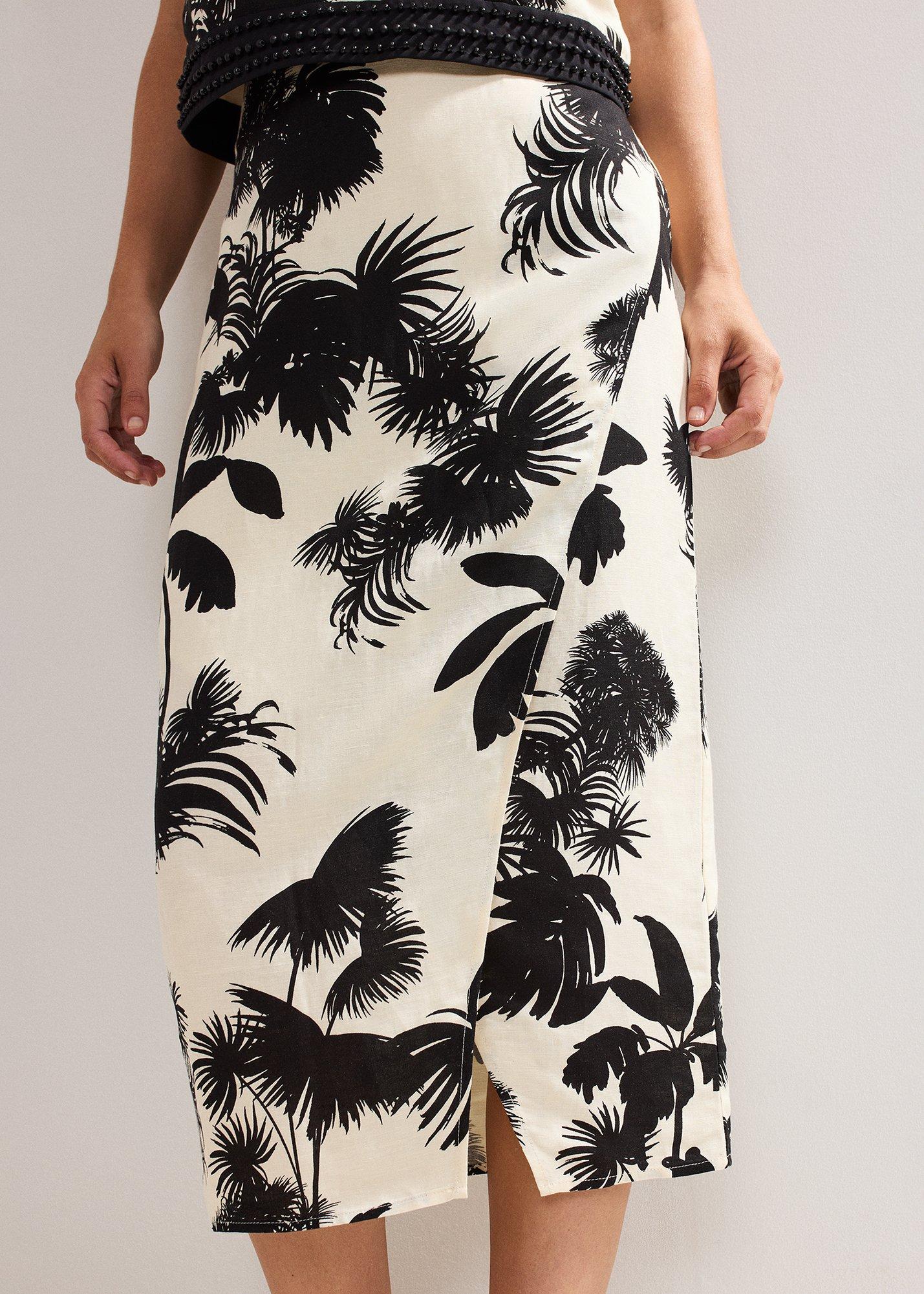 Vittoria Linen Blend Leaf Print Skirt