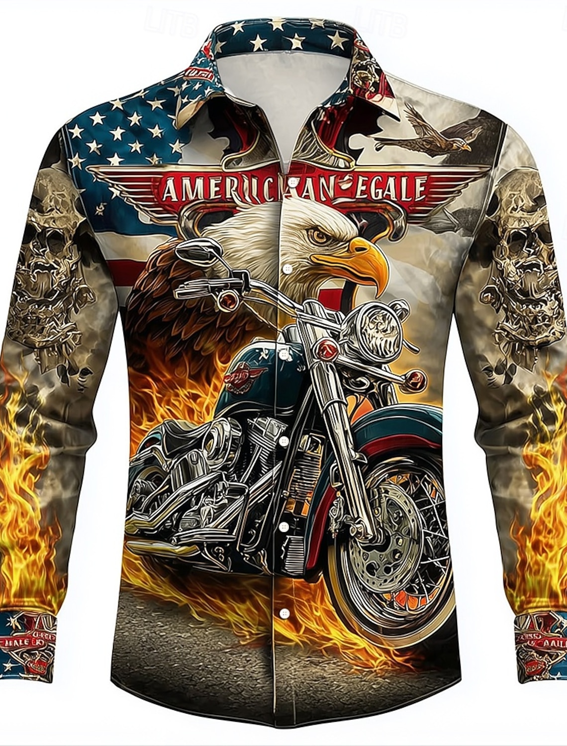 Men's Hellfire Flames American US Flag Eagle Shirt Button Up Shirt Long Sleeve Vintage Retro Outdoor Casual Holiday Spring Fall Turndown 3D Print Collared Shirts Khaki