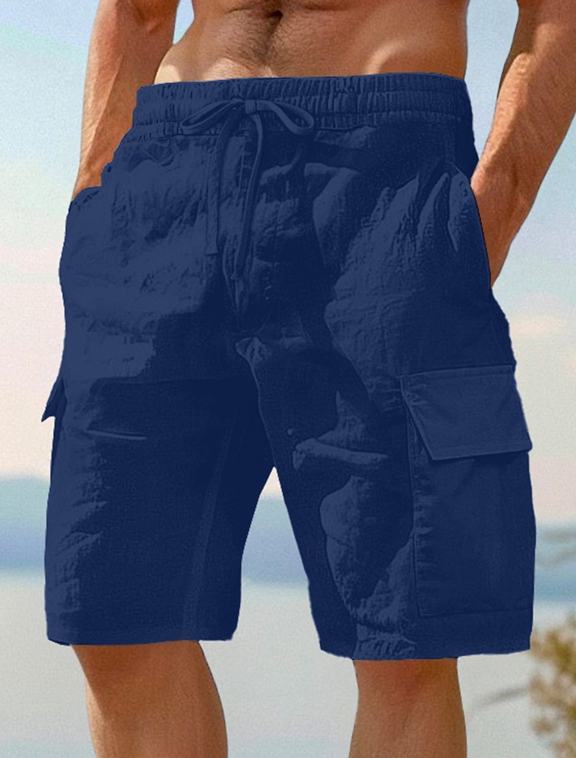 Men's Cargo Shorts Shorts Linen Shorts Summer Shorts Beach Shorts Drawstring Elastic Waist Multi Pocket Plain Knee Length Outdoor Beach Vacation Hawaiian Black White Inelastic
