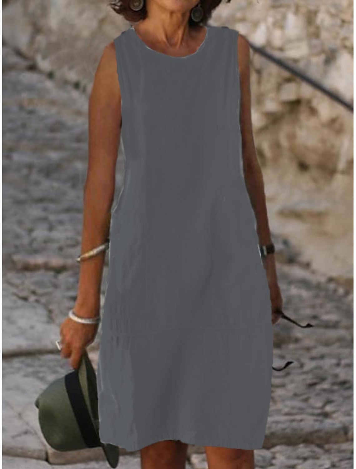 Women's Midi Dress Shift Dress Sundress White Dress Cotton Linen Dresses Classic Casual Daily Vacation Loose Fit Plain Sleeveless U Neck Blue Light Blue Black White Summer Spring
