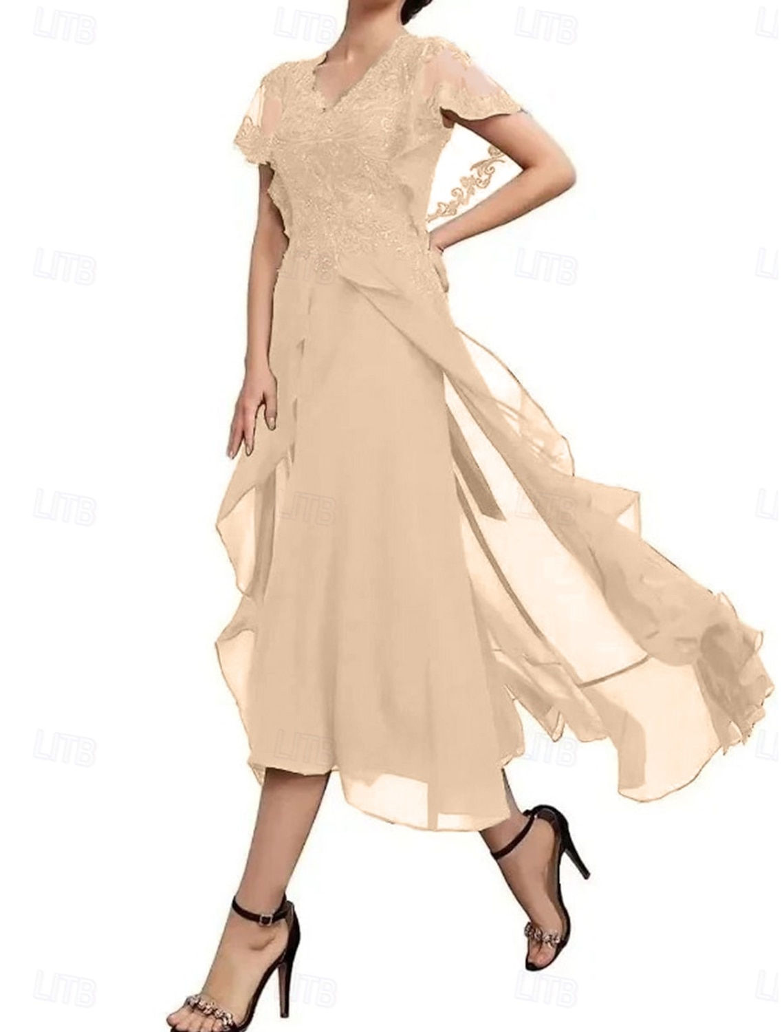 A-Line Tea Length Party Dress Cocktail Dress Wedding Guest Dress Mother of the Bride Dress Short Sleeve V Neck Elegant Formal Wedding Guest Formal Evening Chiffon with Solid Color