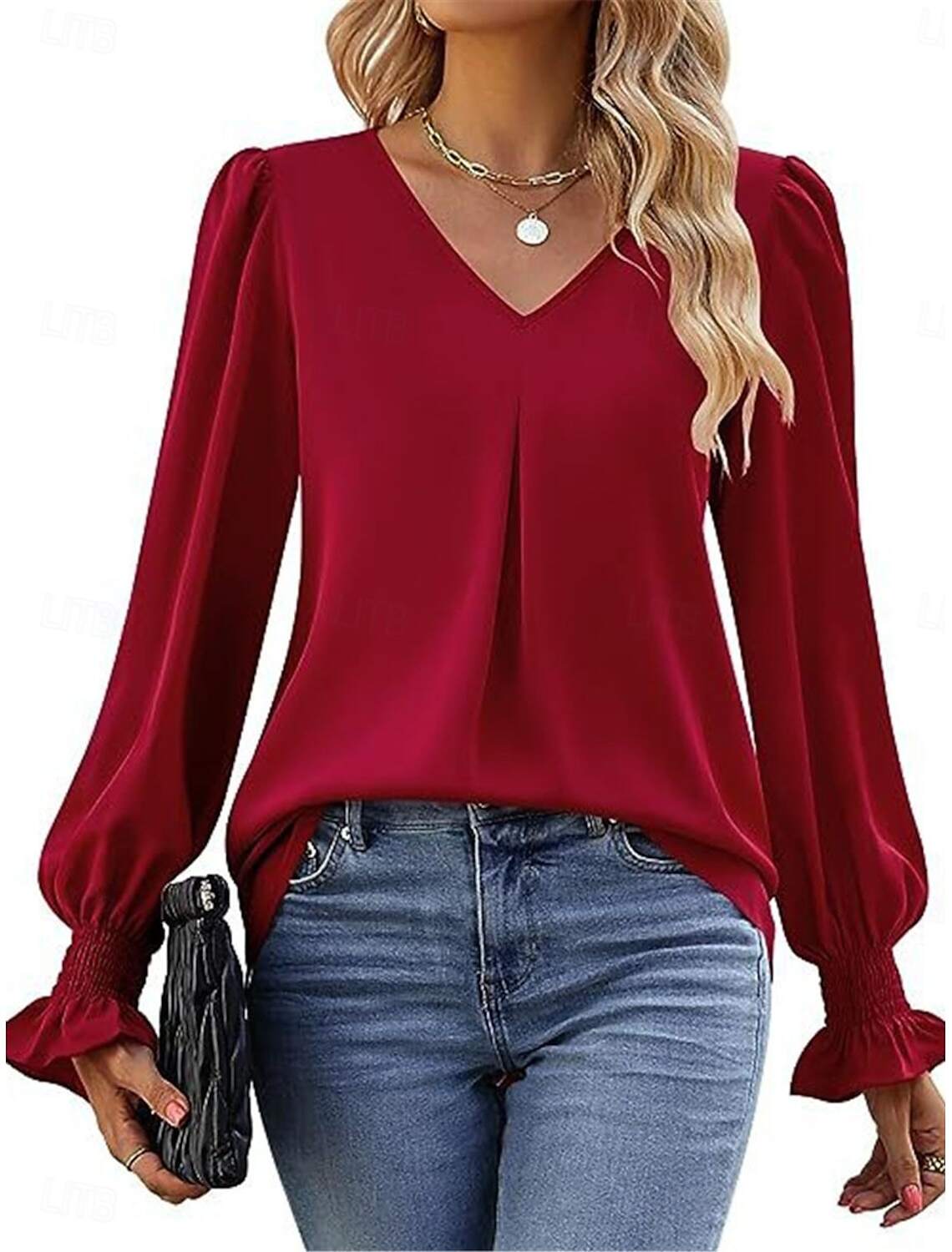 Women's Shirt Blouse Basic Casual Solid Color Regular Tops Long Sleeve V Neck Regular Fit Daily Fall Winter