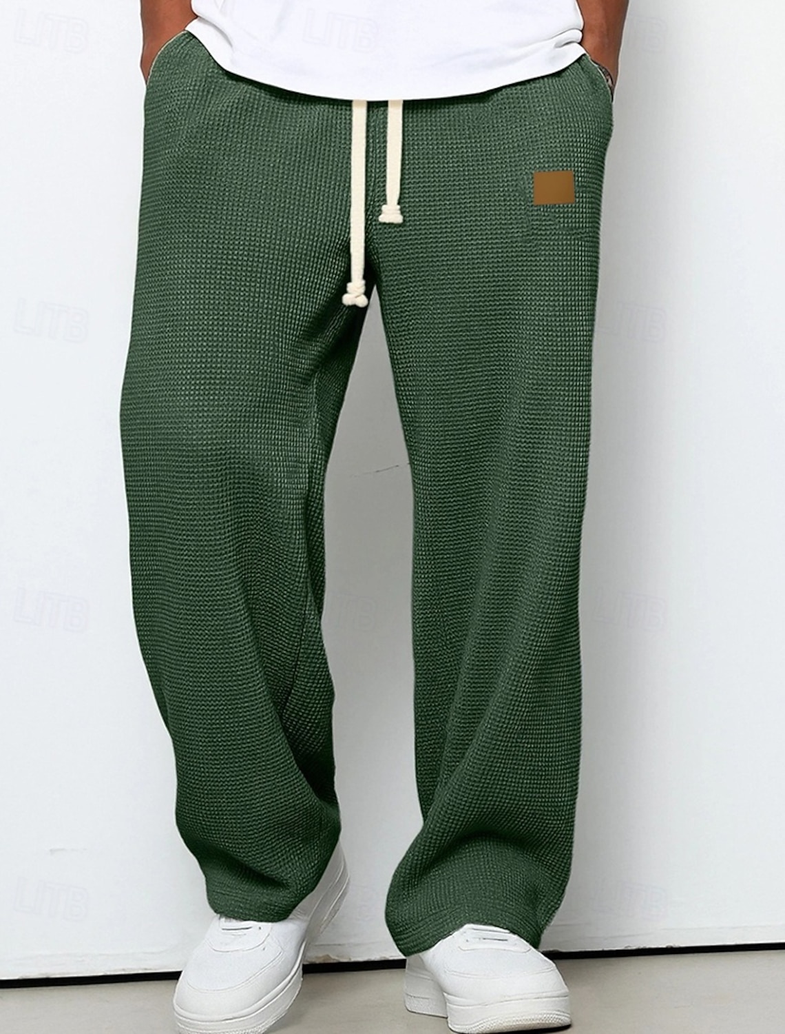 Men's Sweatpants Trousers Straight Leg Waffle Pants Drawstring Pocket
