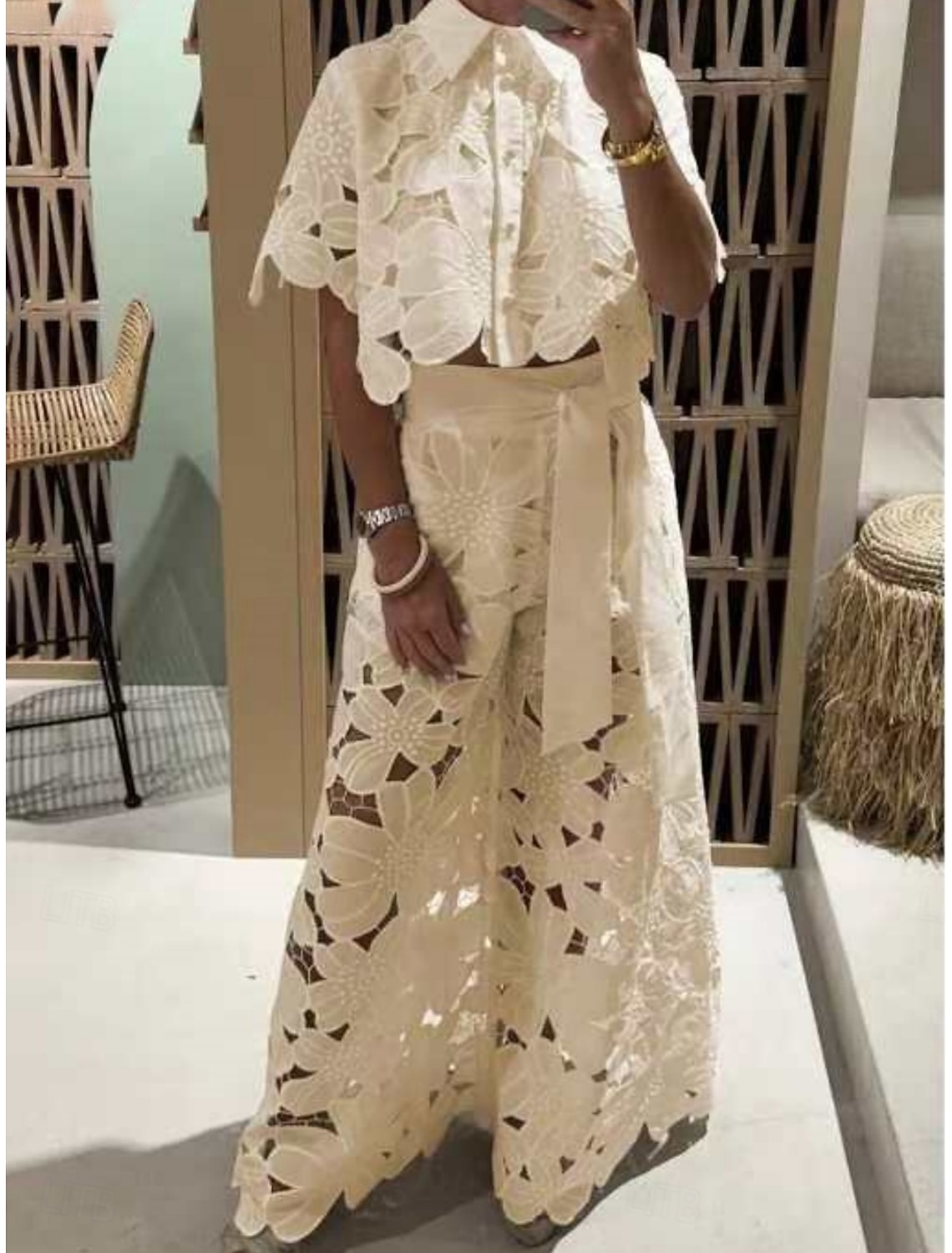 Women's Lace Shirt Wide Leg Pants Short Sleeve Shirt Collar Plain Lace Fashion Streetwear Daily Casual Daily Yellow Sky Blue Green Summer Regular Fit
