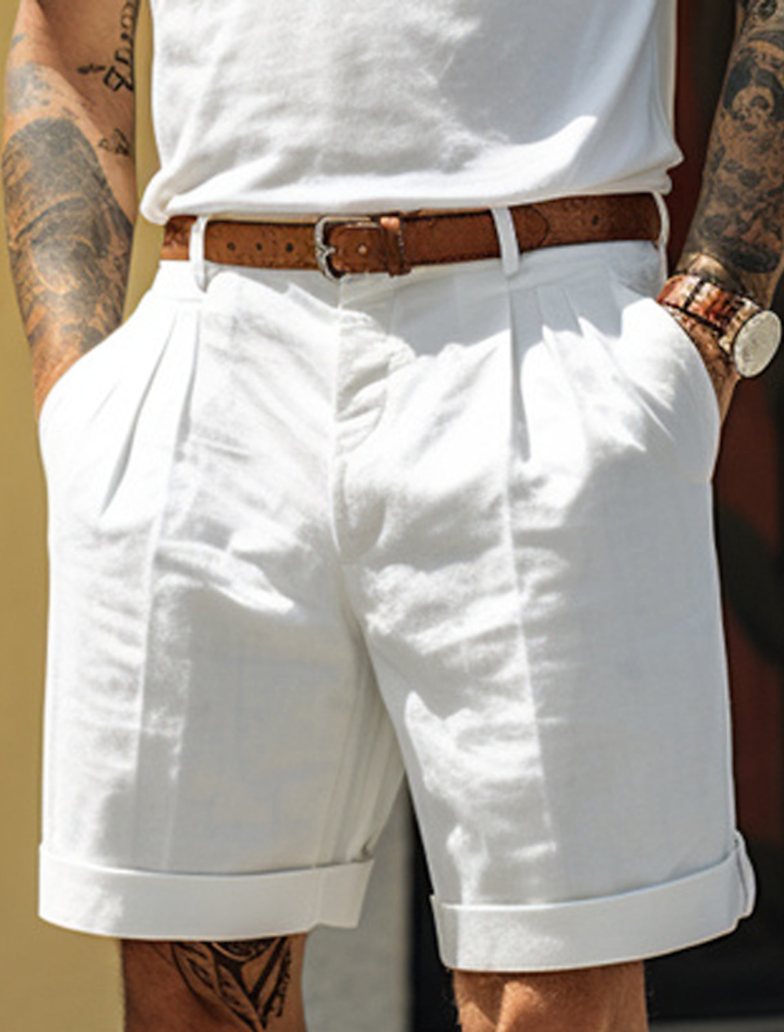 Men's Shorts Linen Shorts Dress Shorts Summer Shorts Pleated Shorts Pocket Pleats Straight Leg Plain Comfort Breathable Short Casual Daily Holiday Fashion Designer Black White