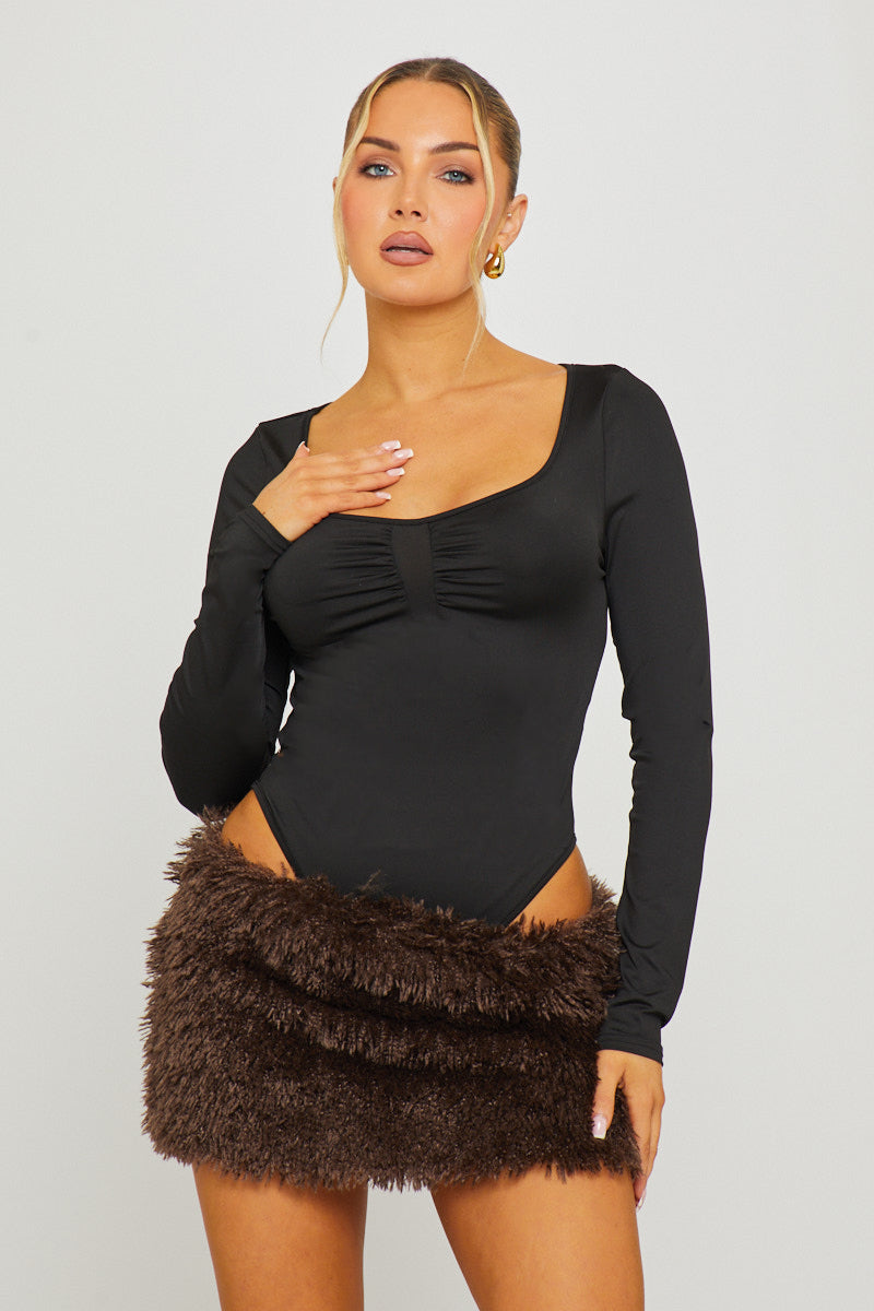 Black Long Sleeve Ruched Bust Bodysuit