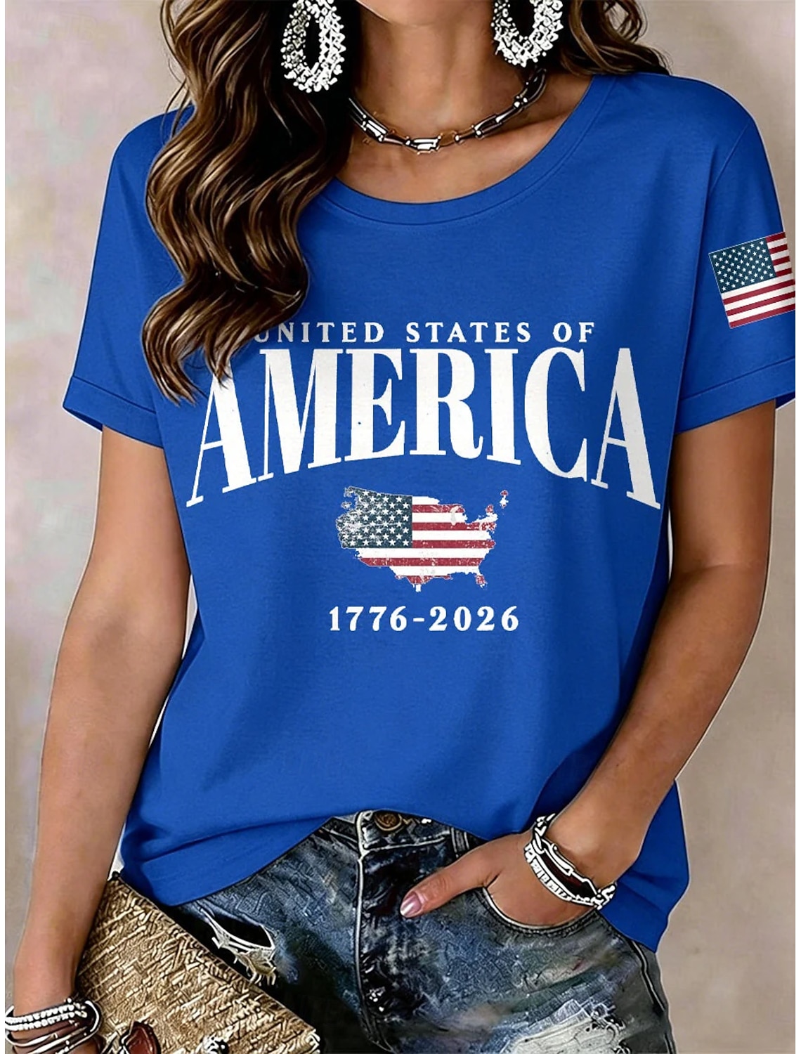 American Independence Day Women's T Shirt Print Graphic American Flag Vintage Fashion Casual Short Sleeve Crew Neck Regular Tops Casual Daily Weekend Red / Blue Summer Spring