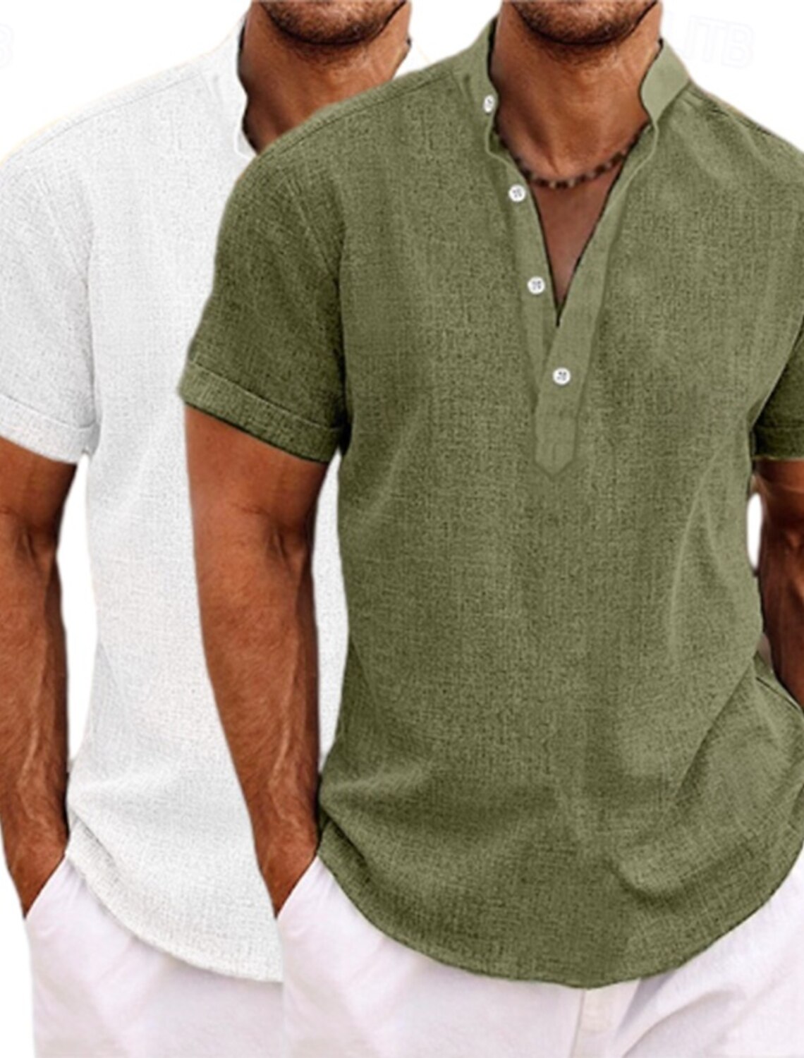 Men's Shirt Linen Shirt Popover Shirt Summer Shirt Beach Wear Band Collar Shirt Plain Vacation Casual Green+Gray White+Yellow White+Green White+Navy Blue Short Sleeve Henley Summer Clothing Apparel