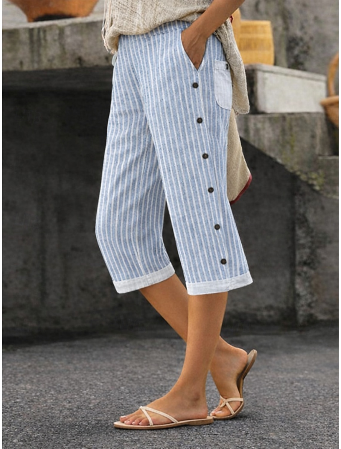 Women's Cotton Capri Pants Cotton Blend Faux Cotton Linen Vacation Fashion Streetwear Knee Length High Waist Striped Drawstring Pocket Elastic Waist Breathability Comfortable Inelastic Daily Vacation