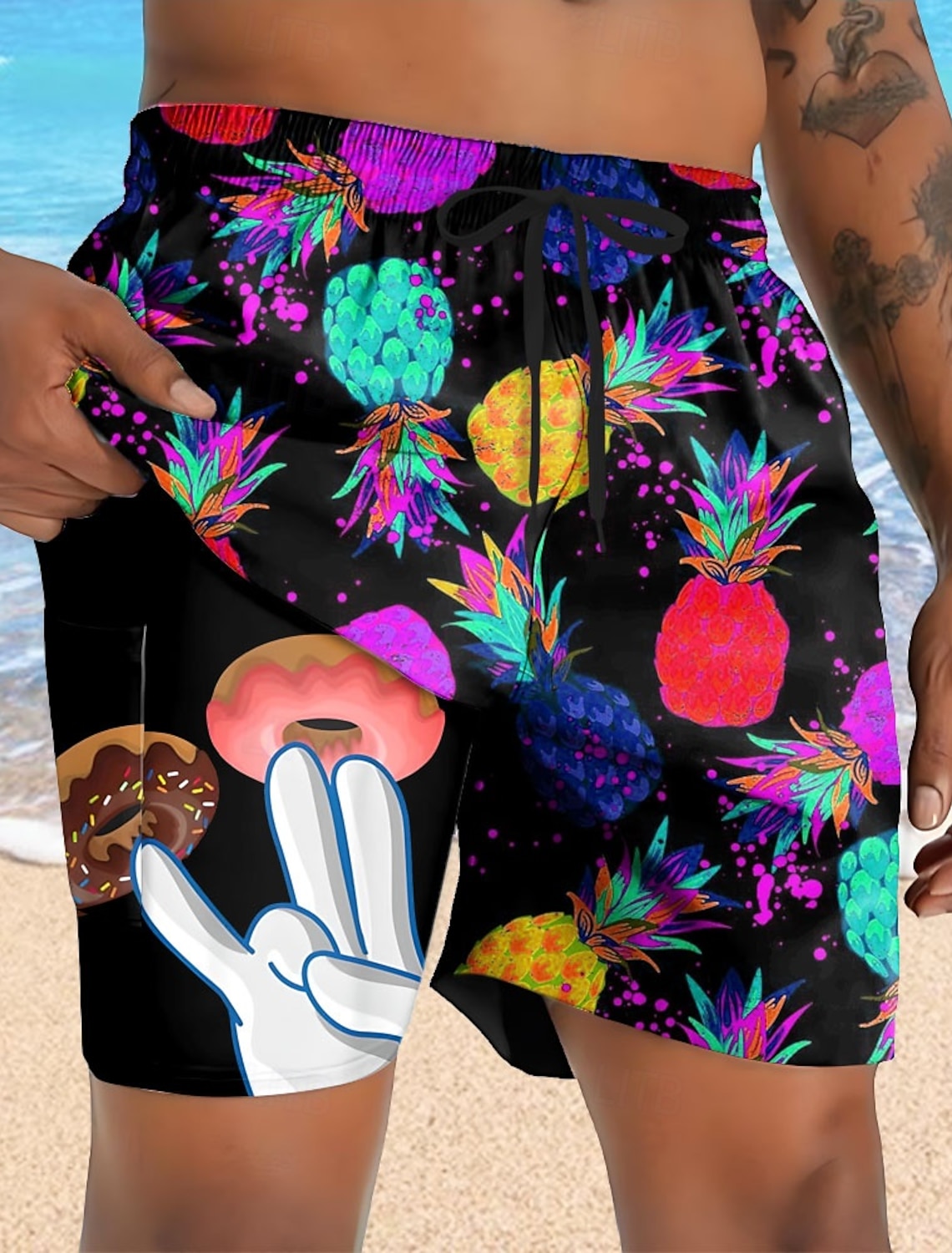 Men's Pineapple Funny Donuts Lined Shorts 2 in 1 Board Swim Mid Waist