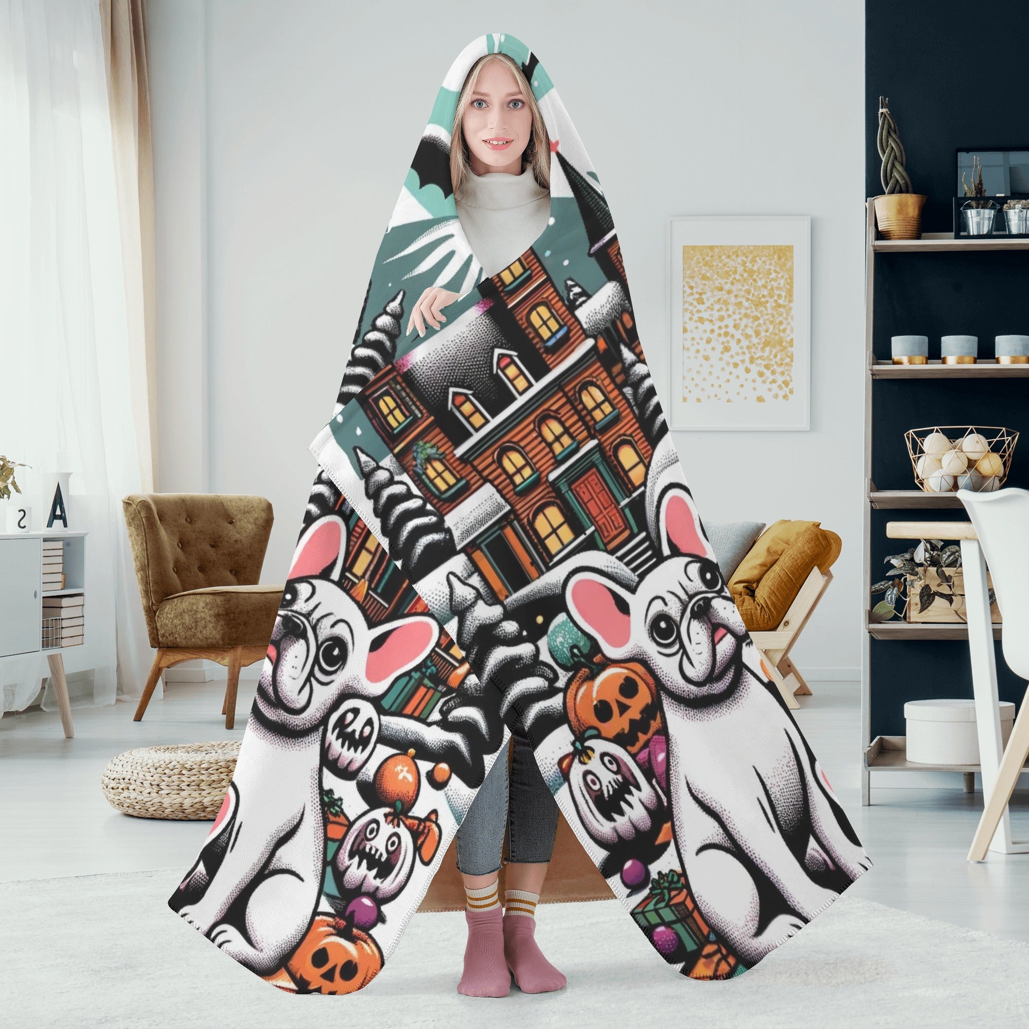 Finn - French Bulldog Themed Hooded Blanket Outdoor Style