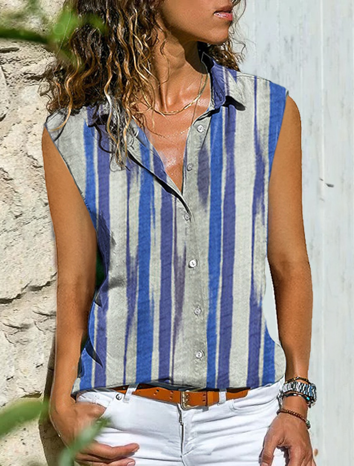 Women's Tank Top Basic Striped Print Sleeveless Regular Tops Shirt Collar Casual