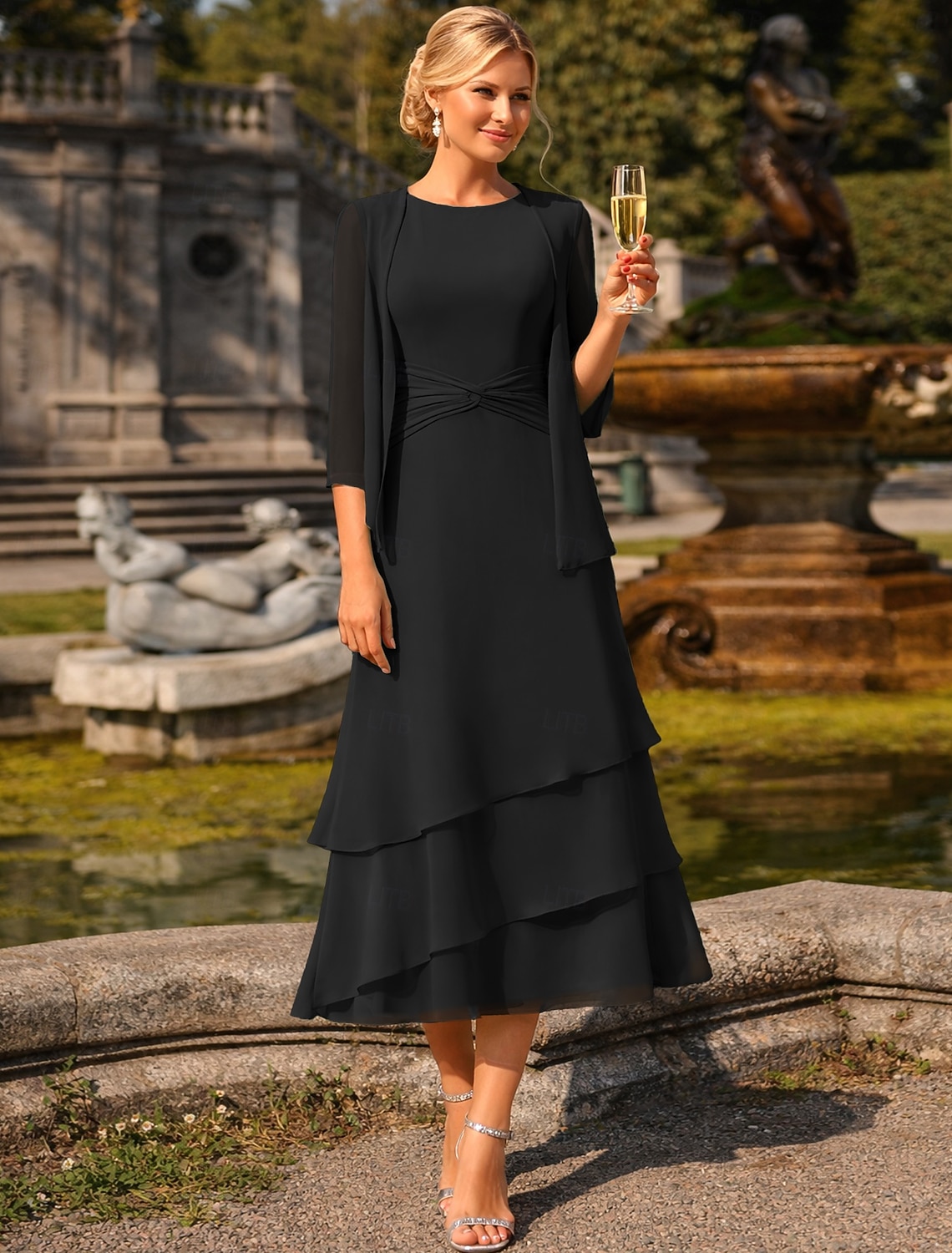 Two Piece Sheath Column Tea Length Wedding Guest Dress Mother of the Bride Dress 3/4 Length Sleeve Crew Neck Jewel Neck Elegant Wedding Guest Chiffon Wrap Included with Ruching