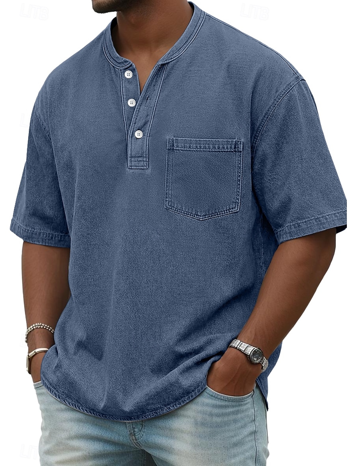 Men's Henley Shirt 100% Cotton Acid Wash T Tee Short Sleeve Solid #2