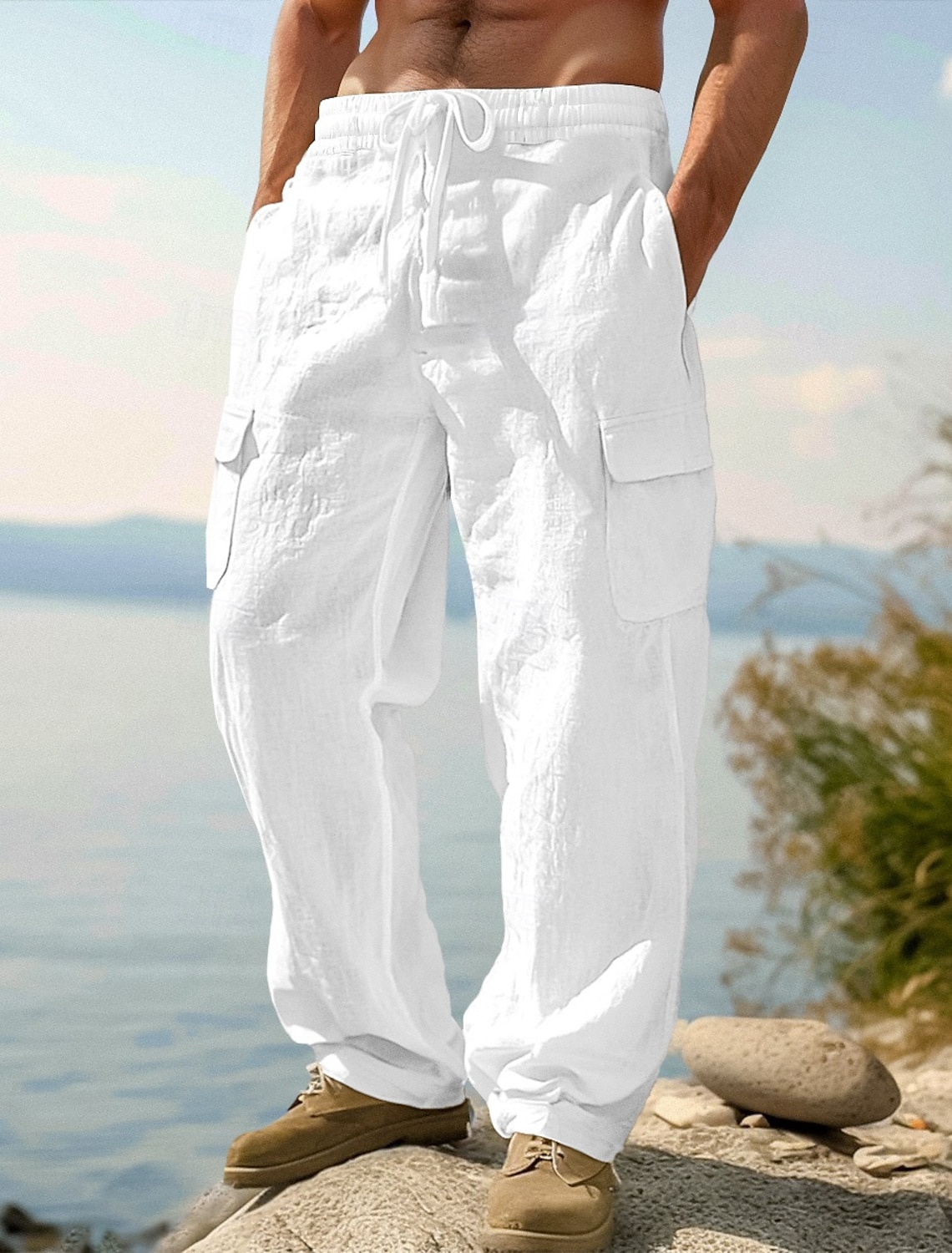 Men's Cargo Shorts Shorts Linen Shorts Summer Shorts Beach Shorts Drawstring Elastic Waist Multi Pocket Plain Knee Length Outdoor Beach Vacation Hawaiian Black White Inelastic