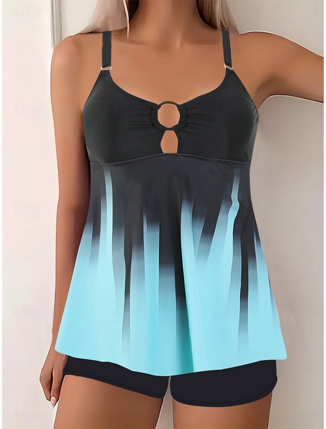 Women's Tankini 2 Piece Swimsuit Shorts Tummy Control High Waist Slim Backless Vacation Beach Wear Ombre U Neck Sleeveless Bathing Suits