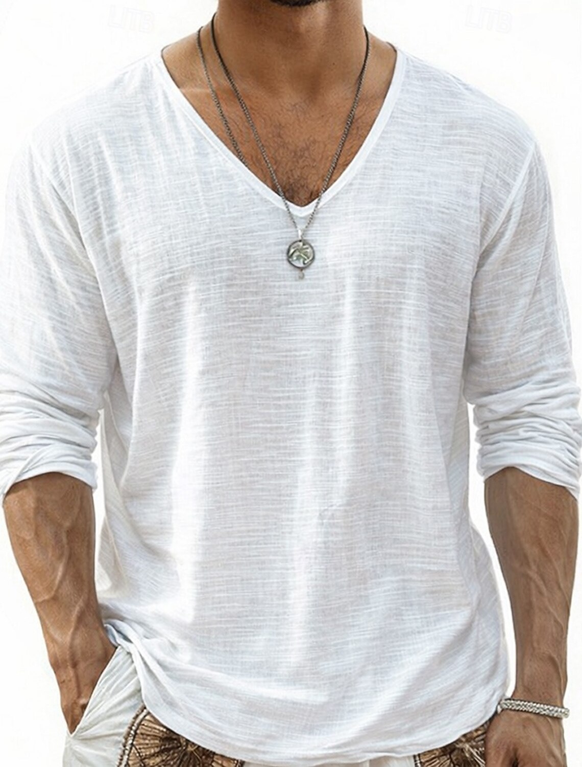 Men's Tee Top Linen T-Shirt Long Sleeve V Neck Summer Spring & Soli #2