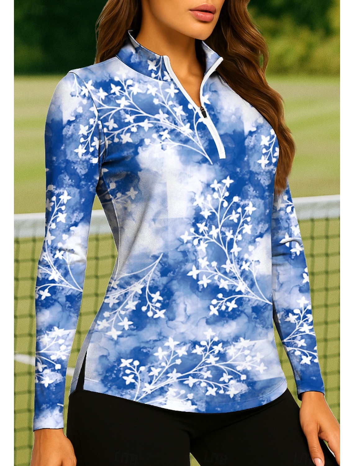 Women's Tie Dye Plants Tropical Floral Botanical Tops Golf Polo Shirt Tennis Shirt Tennis Tee Long Sleeve Print Quarter Zip Pullover UPF50+ UV Protection Elastic Breathable Tennis Golf Pickleball Zip