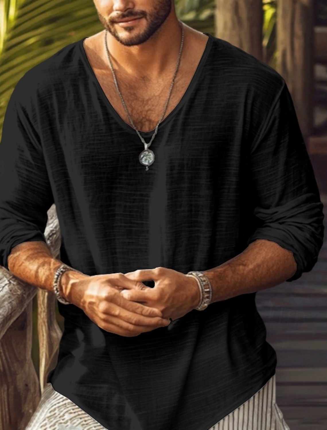 Men's Tee Top Linen-Like T-shirt Long Sleeve Crew Neck Summer Spring