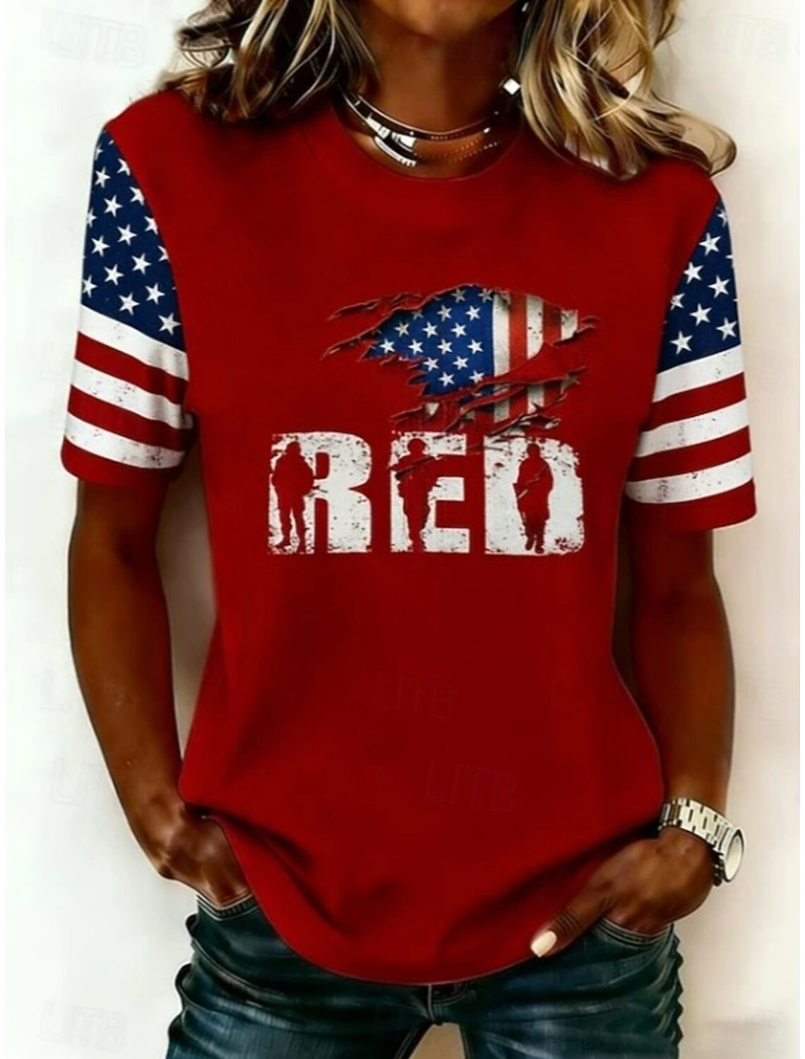 Independence Day American Anniversary Patriotic Women's T Shirt Print Graphic Flag Vintage Stylish Classic Short Sleeve V Neck Regular Tops Daily Red Summer Spring