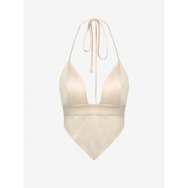 Halter Back Tie Satin Irregular Plunge Top XD4365