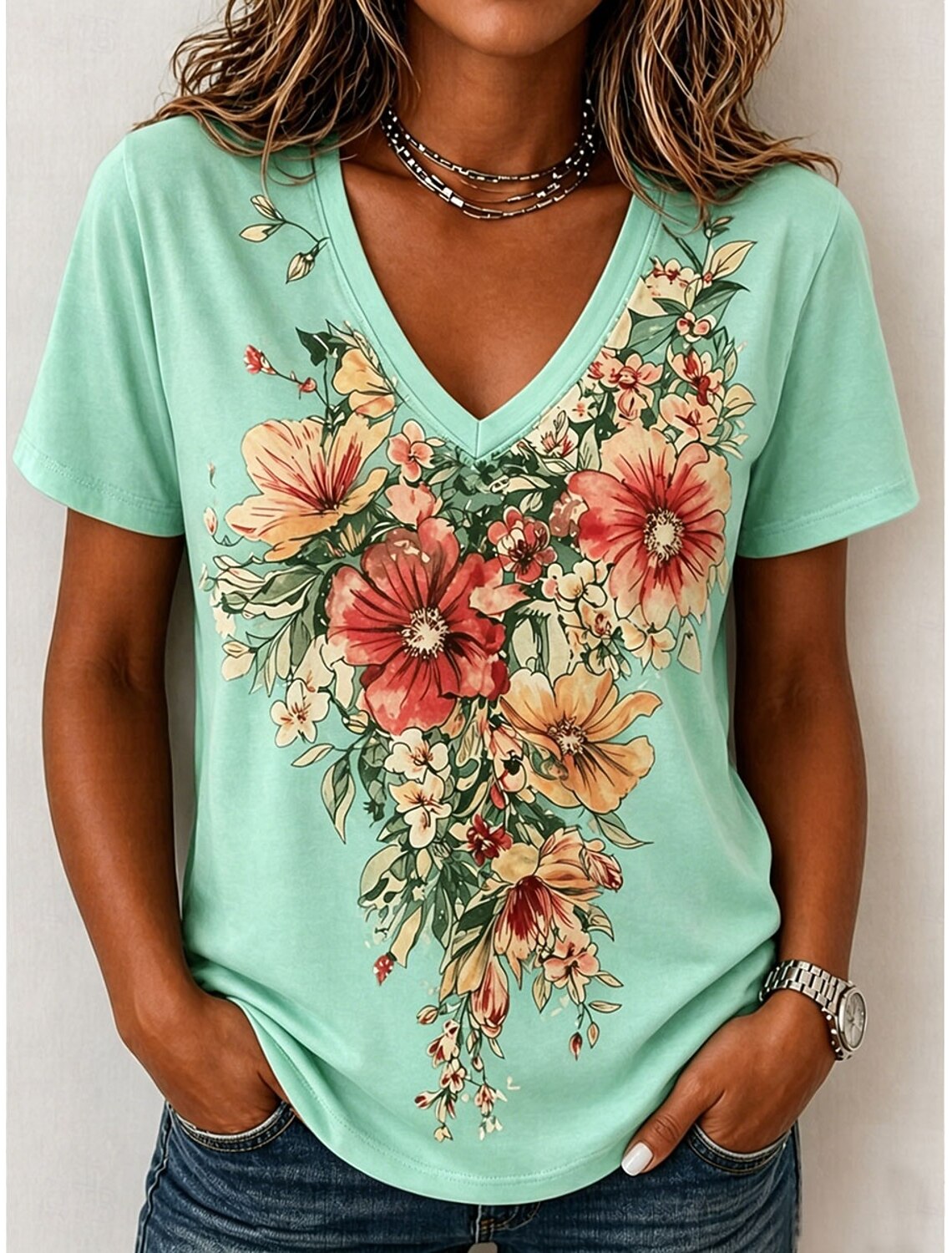 Women's T Shirt Print Floral Graphic Stylish Classic Casual Short Sleeve V Neck Regular Tops Casual Daily Blue Pink Purple Green Beige Summer Spring