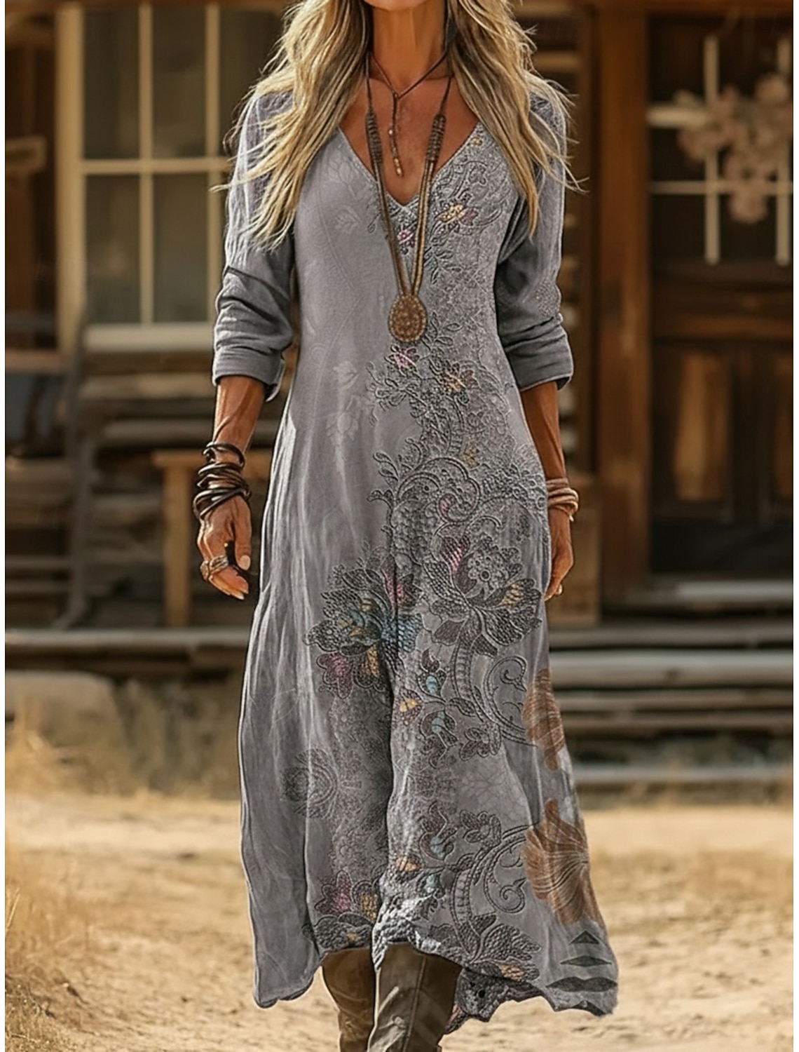 Women's Midi Dress Boho Dress Vintage Dress Casual Dress Vintage Daily Outdoor Vacation Loose Fit Floral Long Sleeve V Neck Black Light Green Purple Green Spring Autumn
