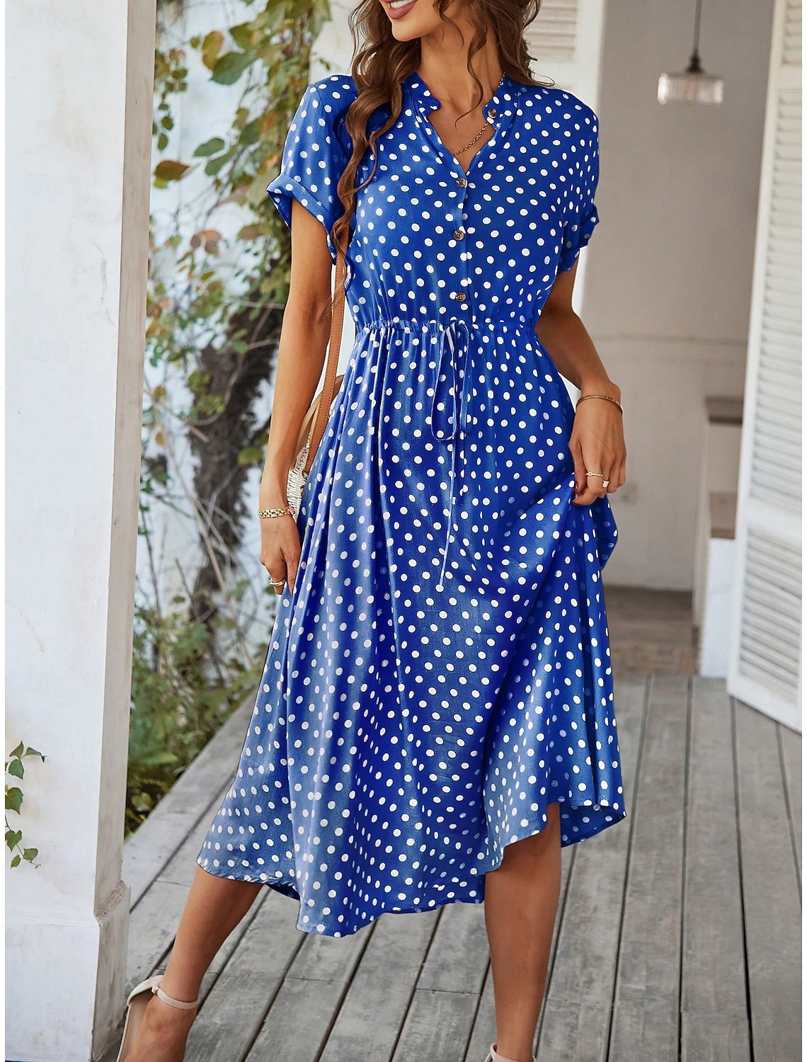 Women's Midi Dress A Line Dress Vacation Casual Outdoor Going out Regular Fit Polka Dot Short Sleeve Turndown Blue Navy White Pink Summer Spring
