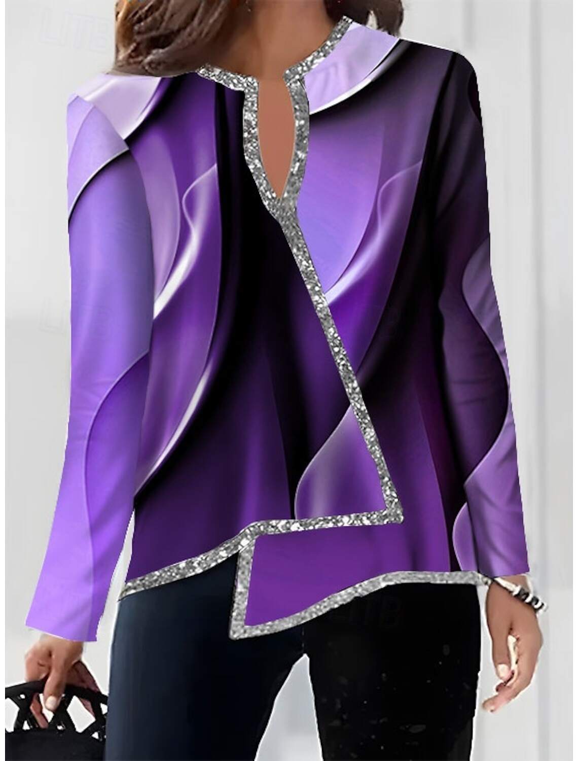 Women's Shirt Blouse Fashion Print Asymmetric Hem Long Sleeve Regular Tops V Neck Casual Fall & Winter