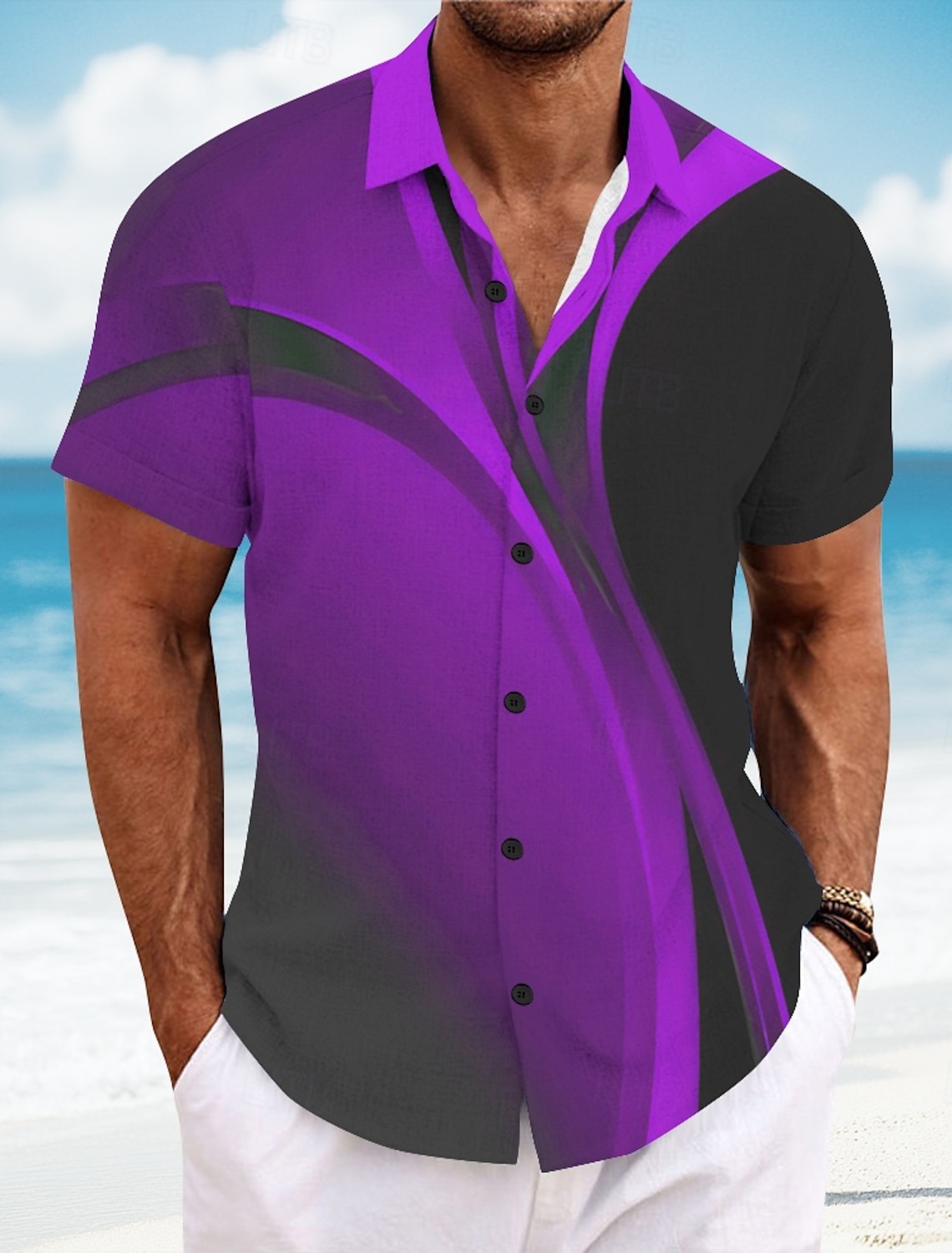 Men's Geometric Gradient Color Line Shirt Summer Button Up Short