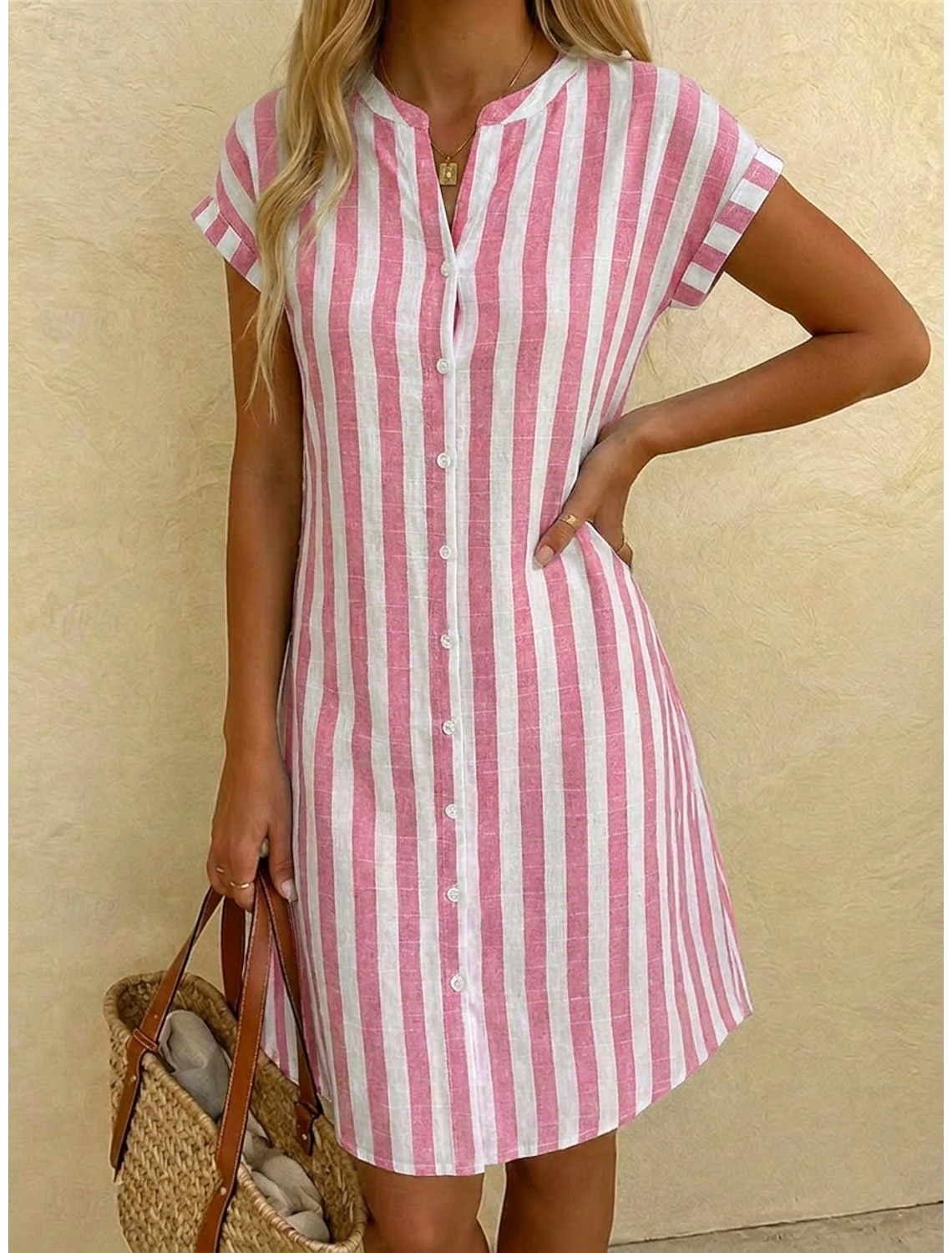 Women's Knee Length Dress Shirt Dress Casual Dress Striped Dress Elegant Fashion Daily Vacation Regular Fit Striped Short Sleeve Mandarin Collar Red Navy Blue Gray Light Blue Summer Spring