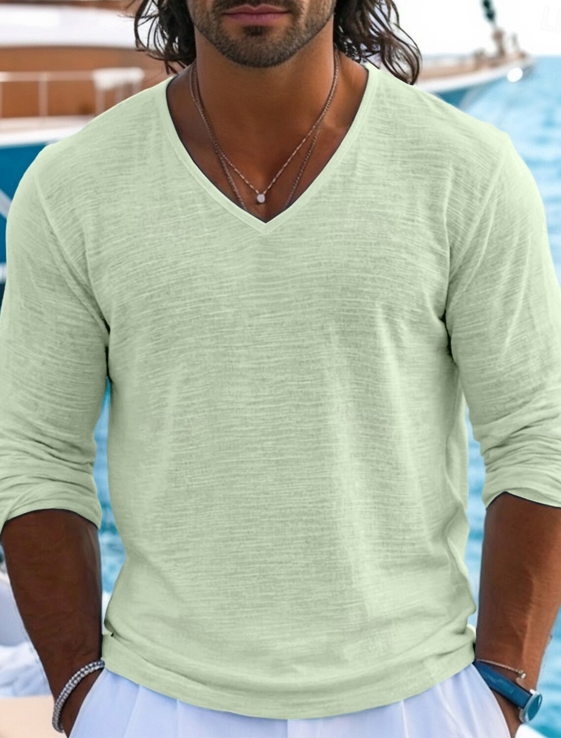 Men's Tee Top Linen T-Shirt Long Sleeve V Neck Summer Spring & Soli #1