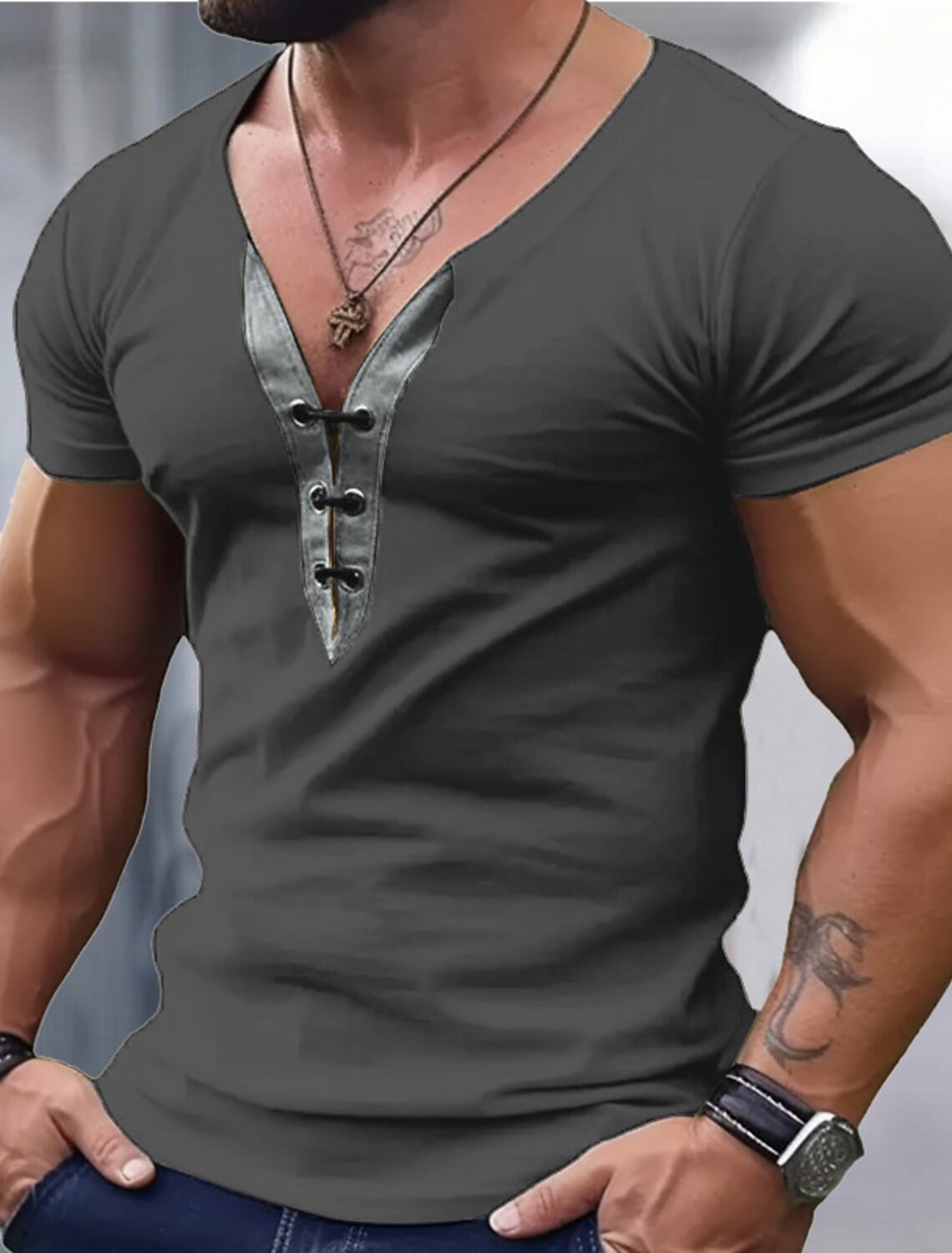 Men's T Shirt Tee Top Long Sleeve V Neck Spring & Summer Plain Fashion