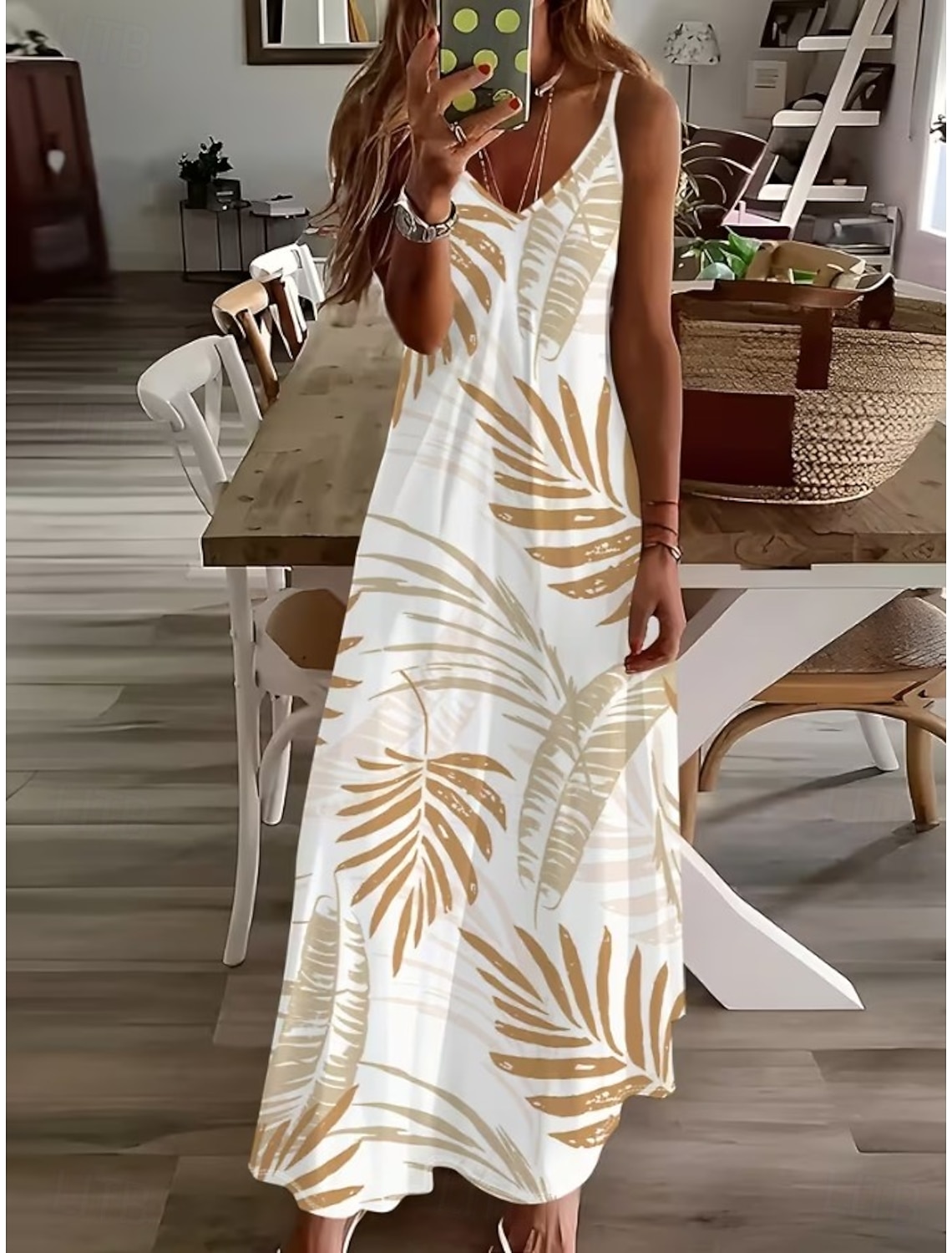 Women's Maxi Dress Sundress A Line Dress Slip Dress Vacation Casual Boho Beach Loose Fit Graphic Leaf Sleeveless V Neck Spaghetti Strap White Light Green Pink Sky Blue Summer Spring