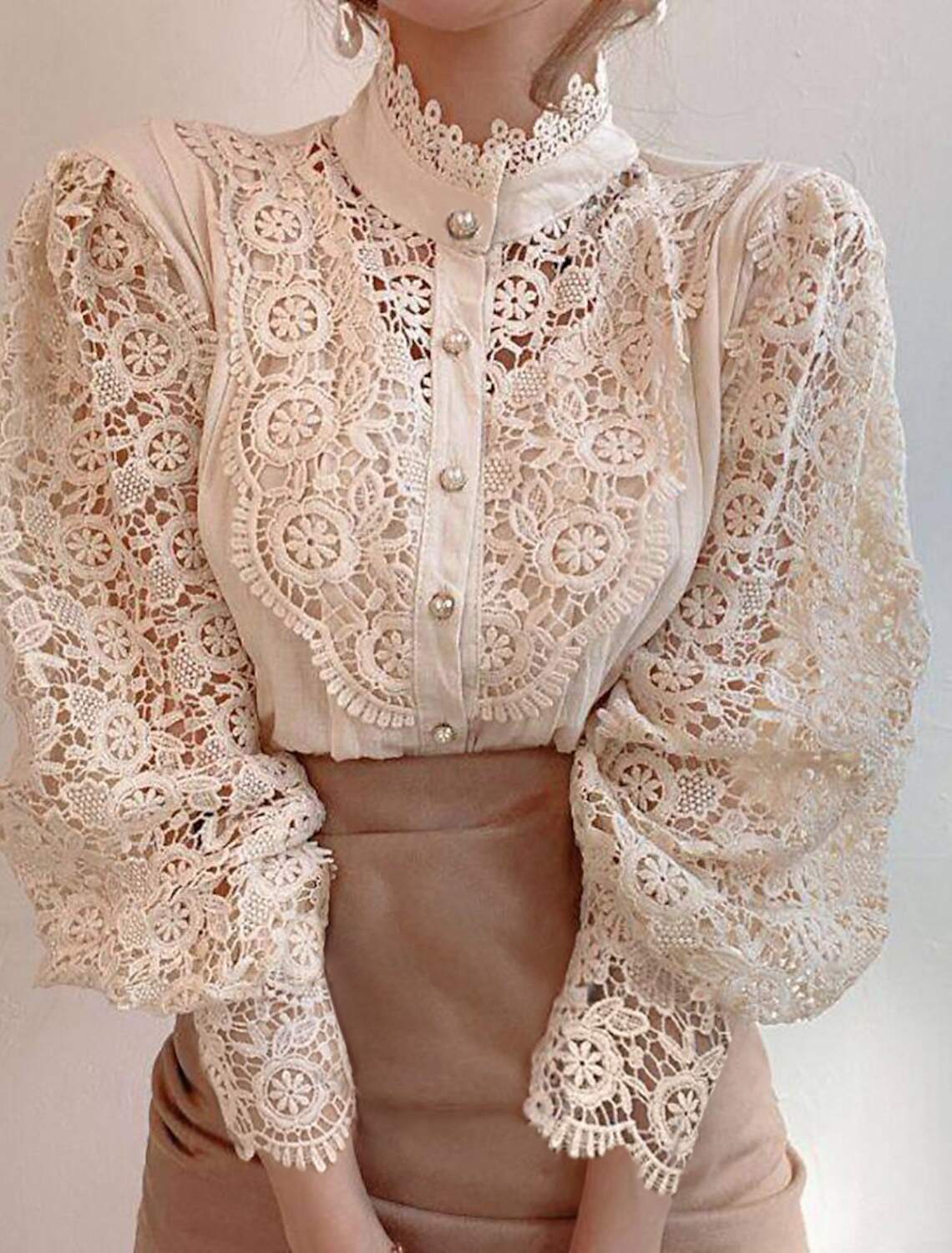 Women's Lace Shirt Blouse Eyelet top  Lace Shirt Elegant Fashion Elegant & Luxurious Solid Colored Shirt Collar Hole Regular Fit Daily Spring Fall Winter Fall & Winter